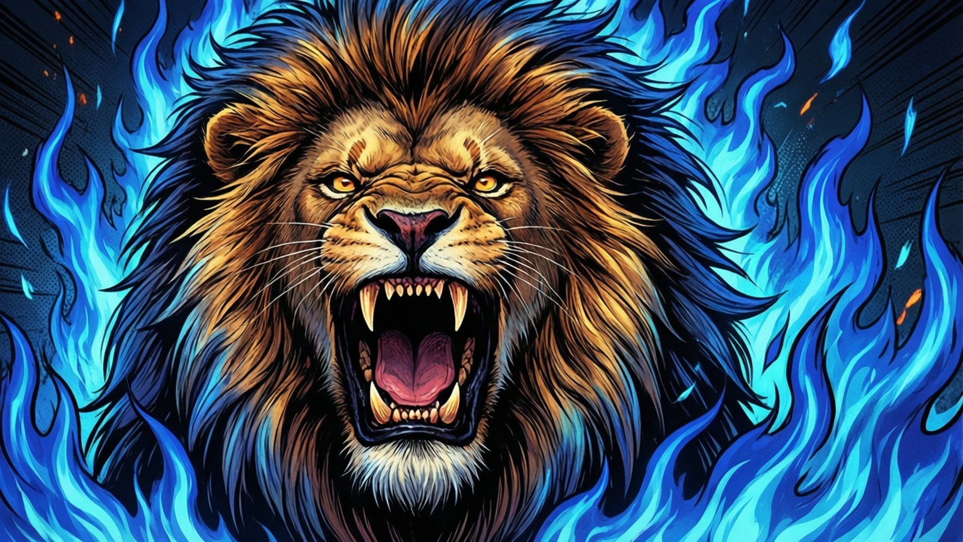 Roaring Lion Flames 壁紙 — 一頭咆哮的獅子，金色鬃毛被鮮豔的藍色火焰包圍，背景為深色。