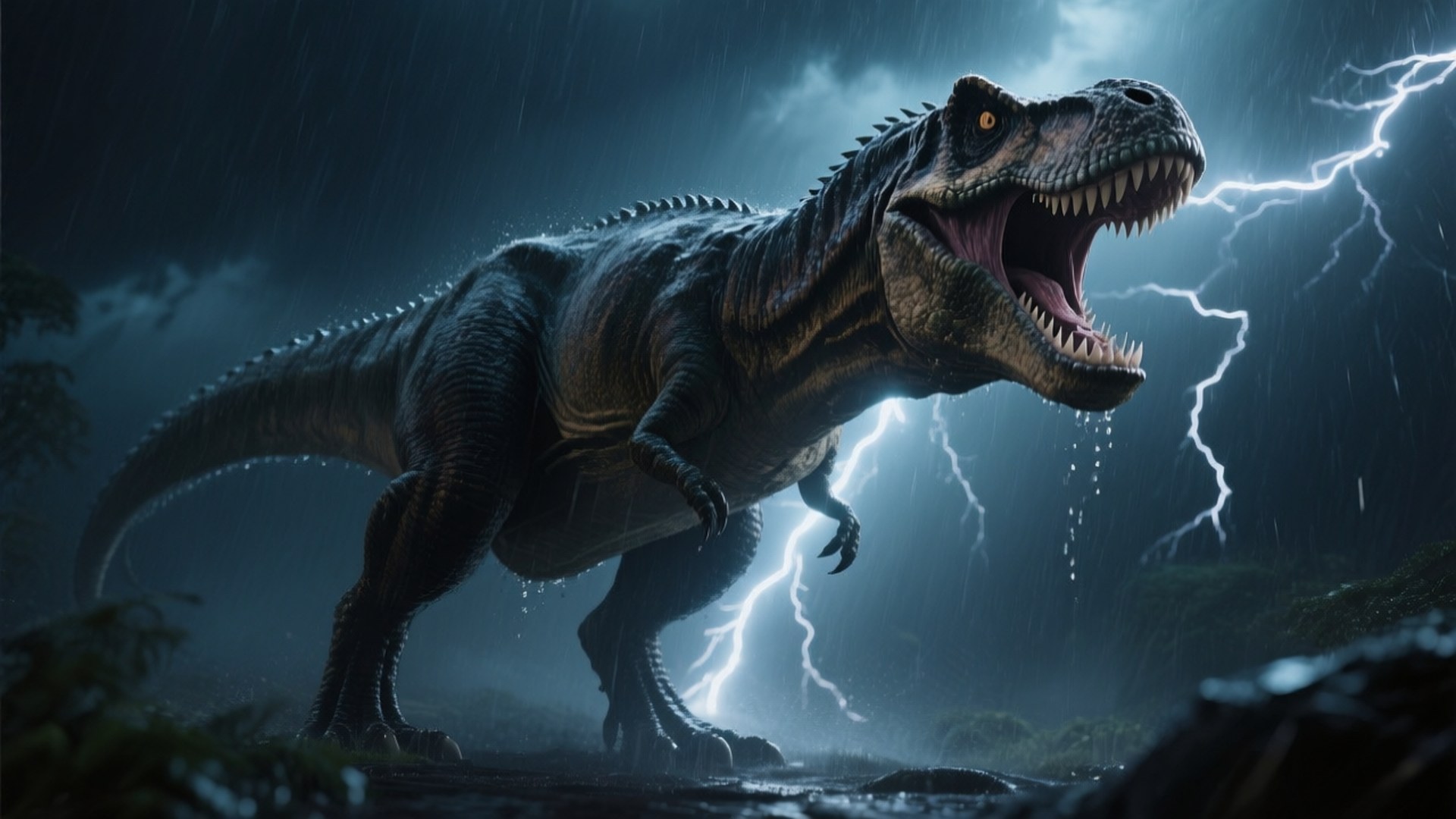 Storm King Roar 壁紙 — 一隻咆哮的暴龍站在暴風雨中，閃電在牠身後閃爍，照亮了牠張開的嘴巴和濕漉漉的鱗片。
