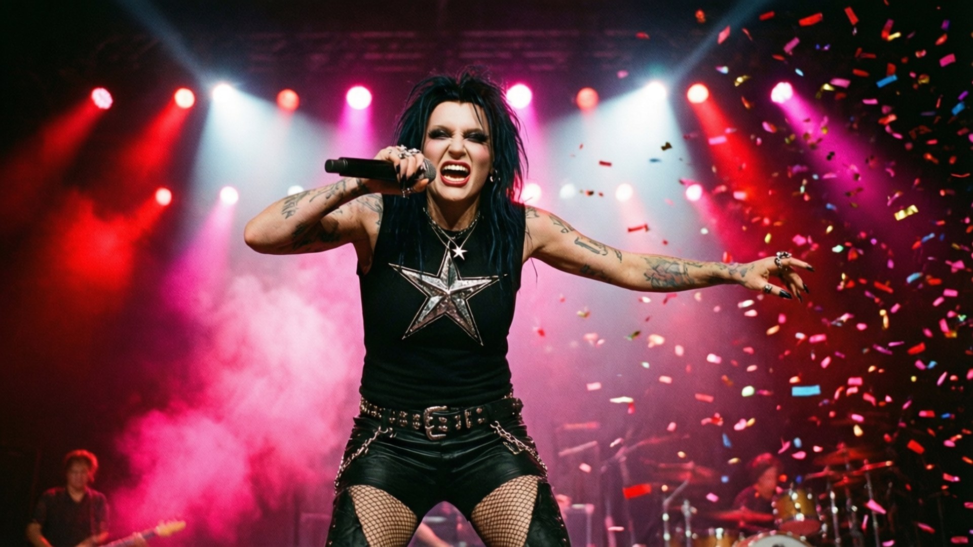 Jeffree Star 桌布 壁紙 — 一位帶有刺青和星星圖案腰帶的搖滾歌手，在紅色和白色燈光下，彩紙如雨般落下，熱情地在舞台上表演。