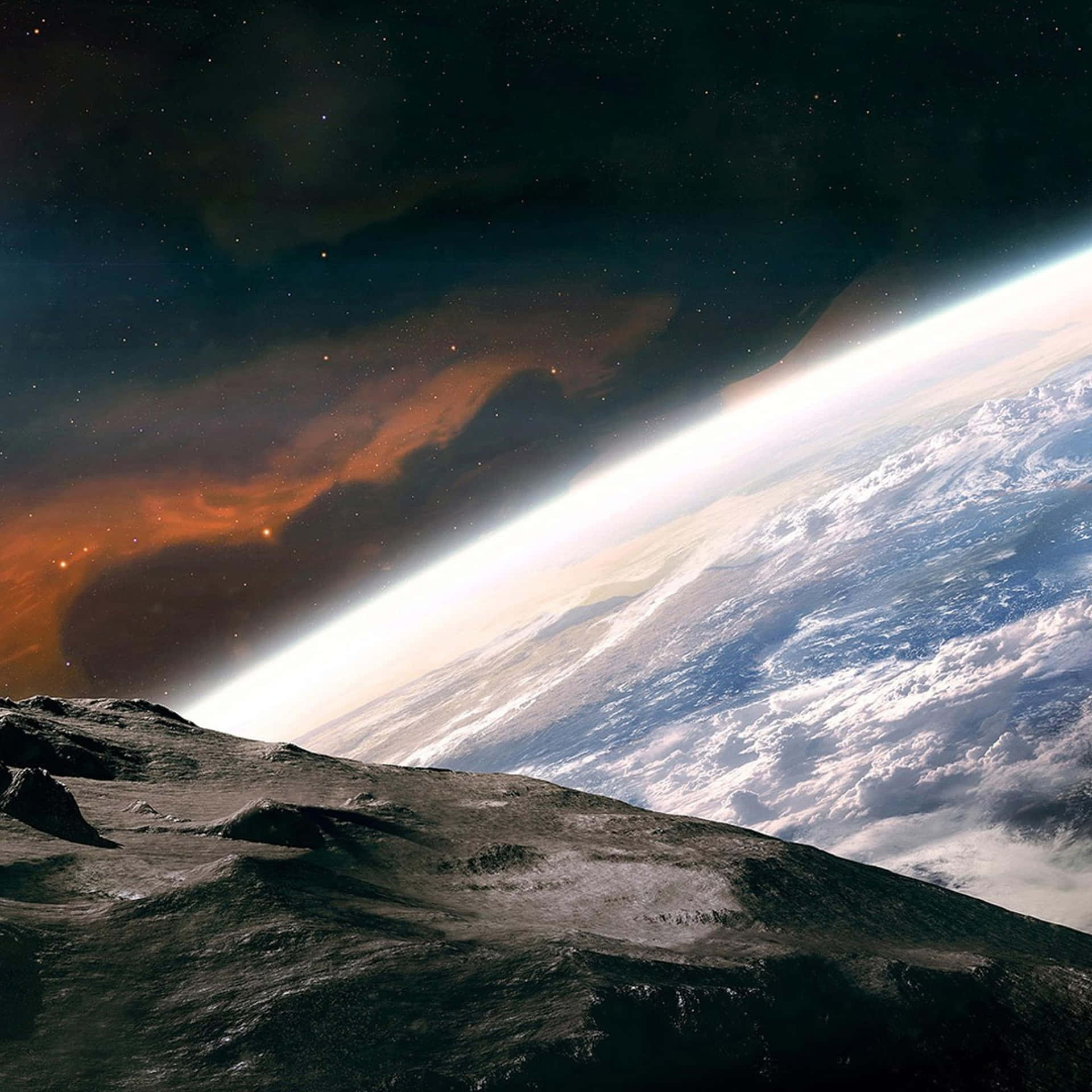 月球景觀望向地球的地平線，天空中有色彩繽紛的星雲。 — iPad 壁紙
