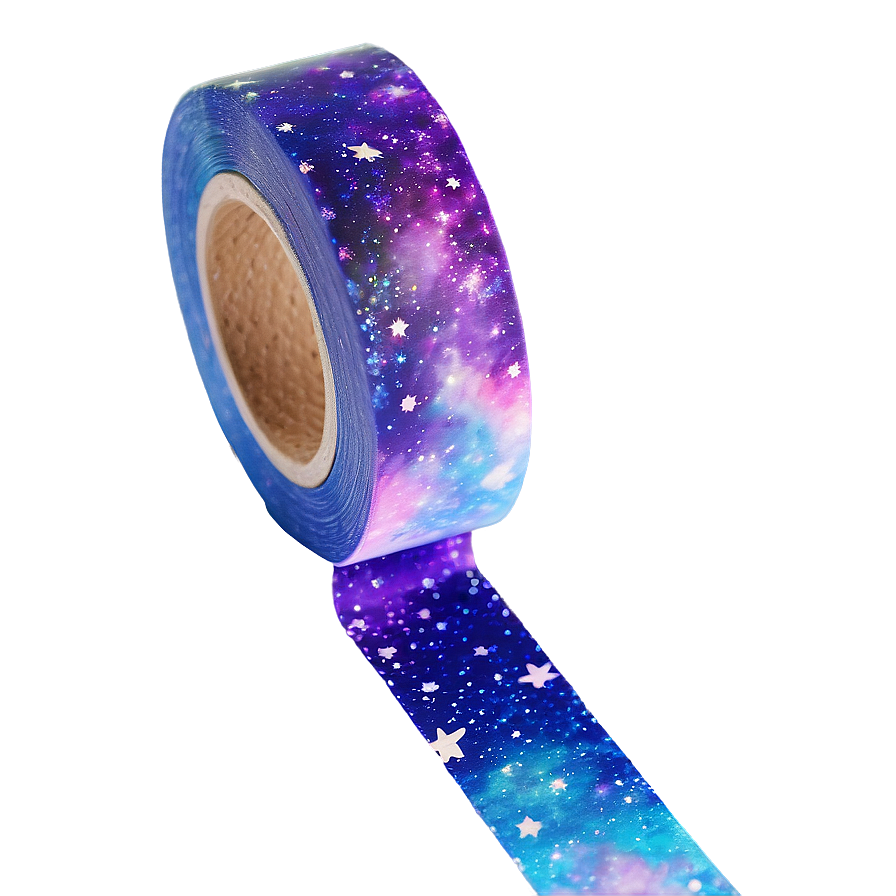 在紫色背景上帶有星星和星雲的發光銀河圖案膠帶。 — Galaxy S10 壁紙