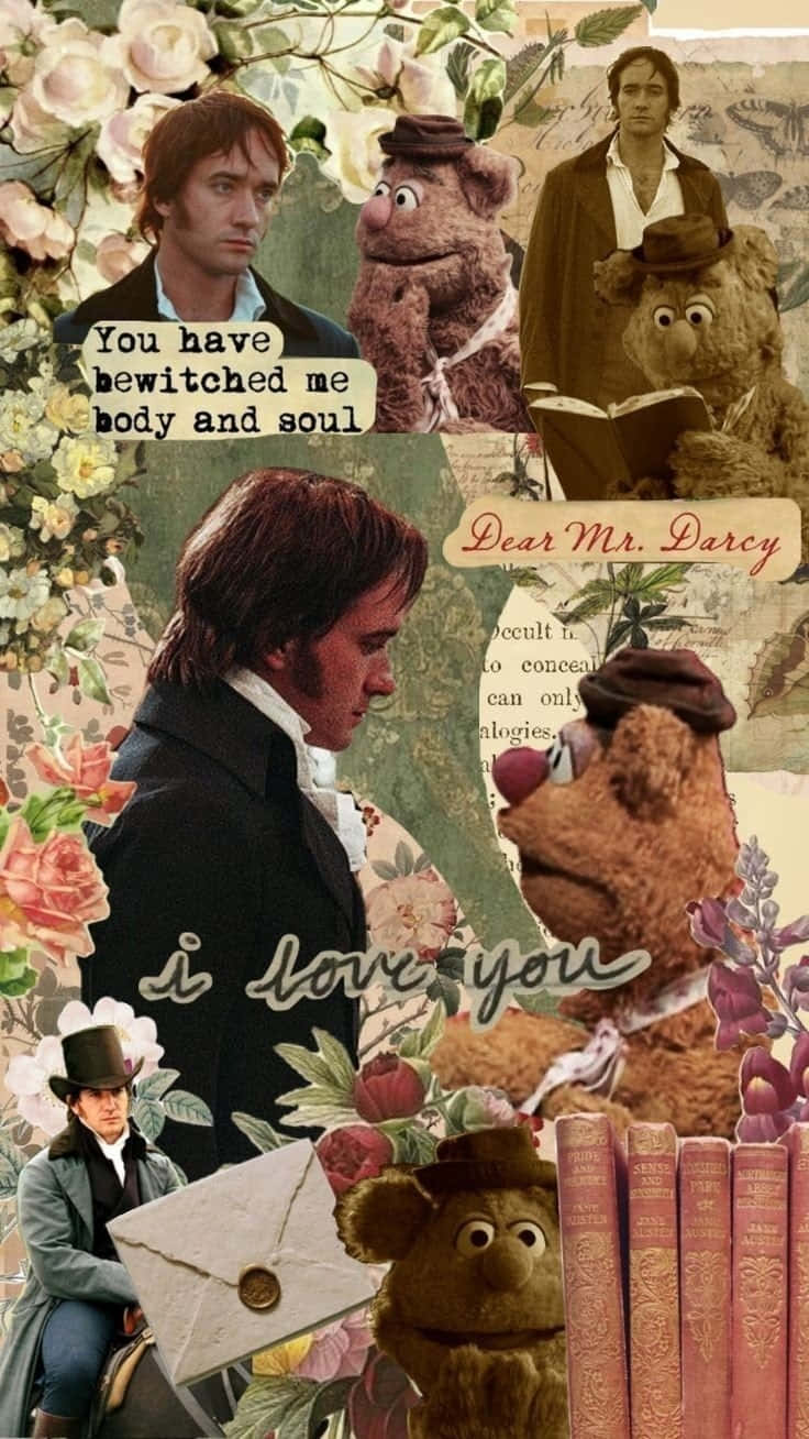  壁紙 — 一幅浪漫拼貼畫將Mr Darcy和Miss Bennet與Muppet角色融合在玫瑰和復古信件之中。