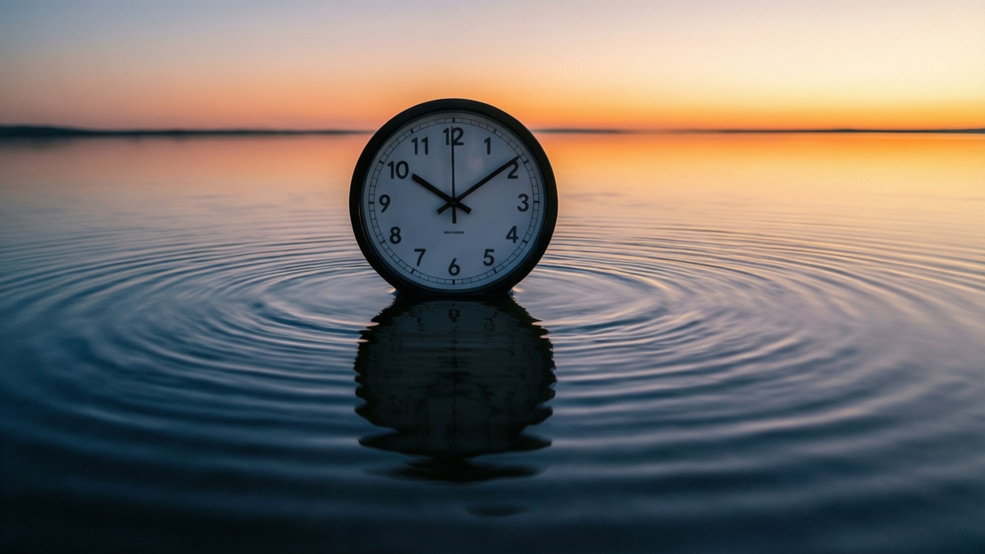 Reflected Sunset Clock 壁紙 — 一個圓形指針時鐘漂浮在平靜的水面上，漣漪向外擴散，映襯著夕陽天空。