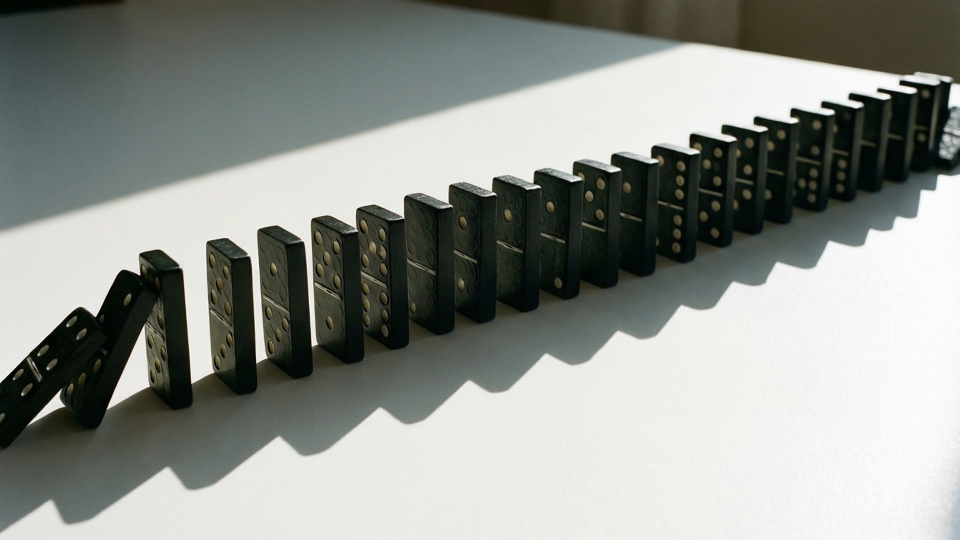 Domino Shadows Afternoon 壁紙 — 一排黑色骨牌在白色表面上對角線倒下，在明亮的陽光下投射出銳利的陰影。
