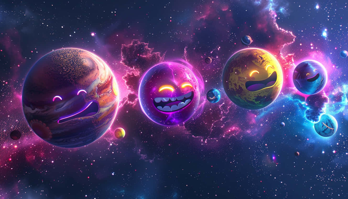  壁紙 — 一排帶有誇張笑容的卡通行星漂浮在充滿星星和發光氣體雲的充滿活力的宇宙星雲中。