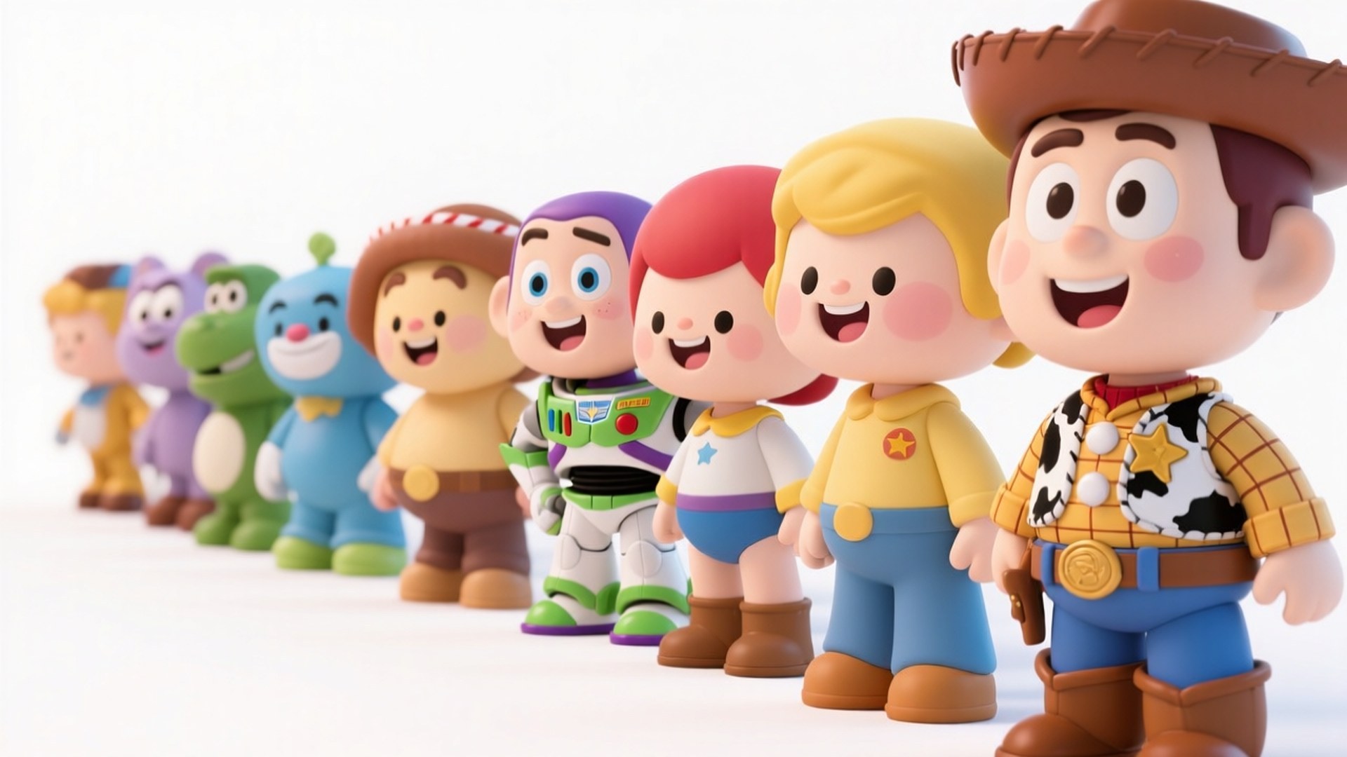 Chibi Toy Story Cast 壁紙 — 一排色彩繽紛的卡通玩具公仔，包括胡迪和巴斯光年，在白色背景前微笑。