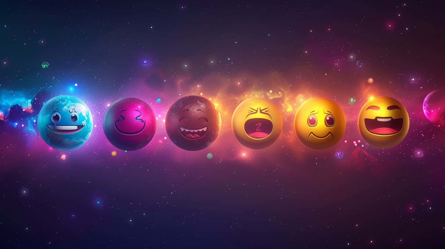  壁紙 — 一排色彩繽紛、表情豐富的表情符號行星漂浮在充滿星星的 vibrant 宇宙星雲中。