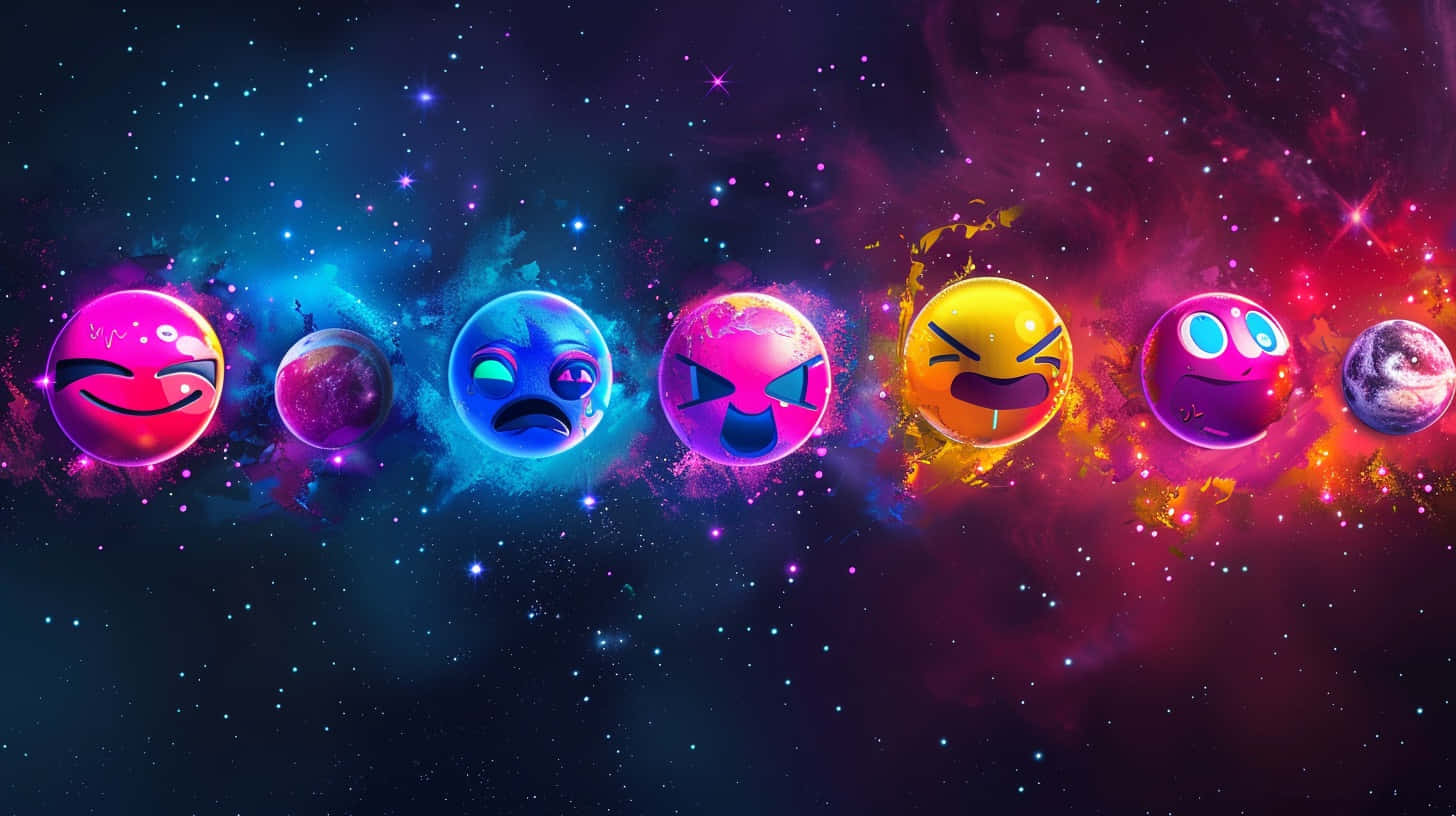  壁紙 — 一排色彩繽紛、帶有表情的emoji行星在充滿星星的宇宙星雲中漂浮。