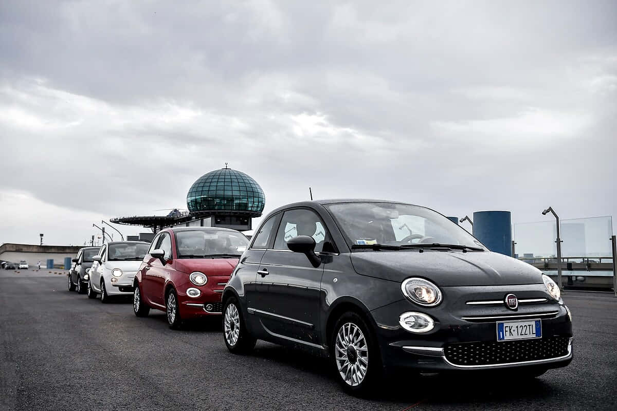 Fiat 500 桌布 壁紙 — 一排色彩繽紛的Fiat 500汽車停放在陰天的屋頂上，背景有一座玻璃圓頂建築。