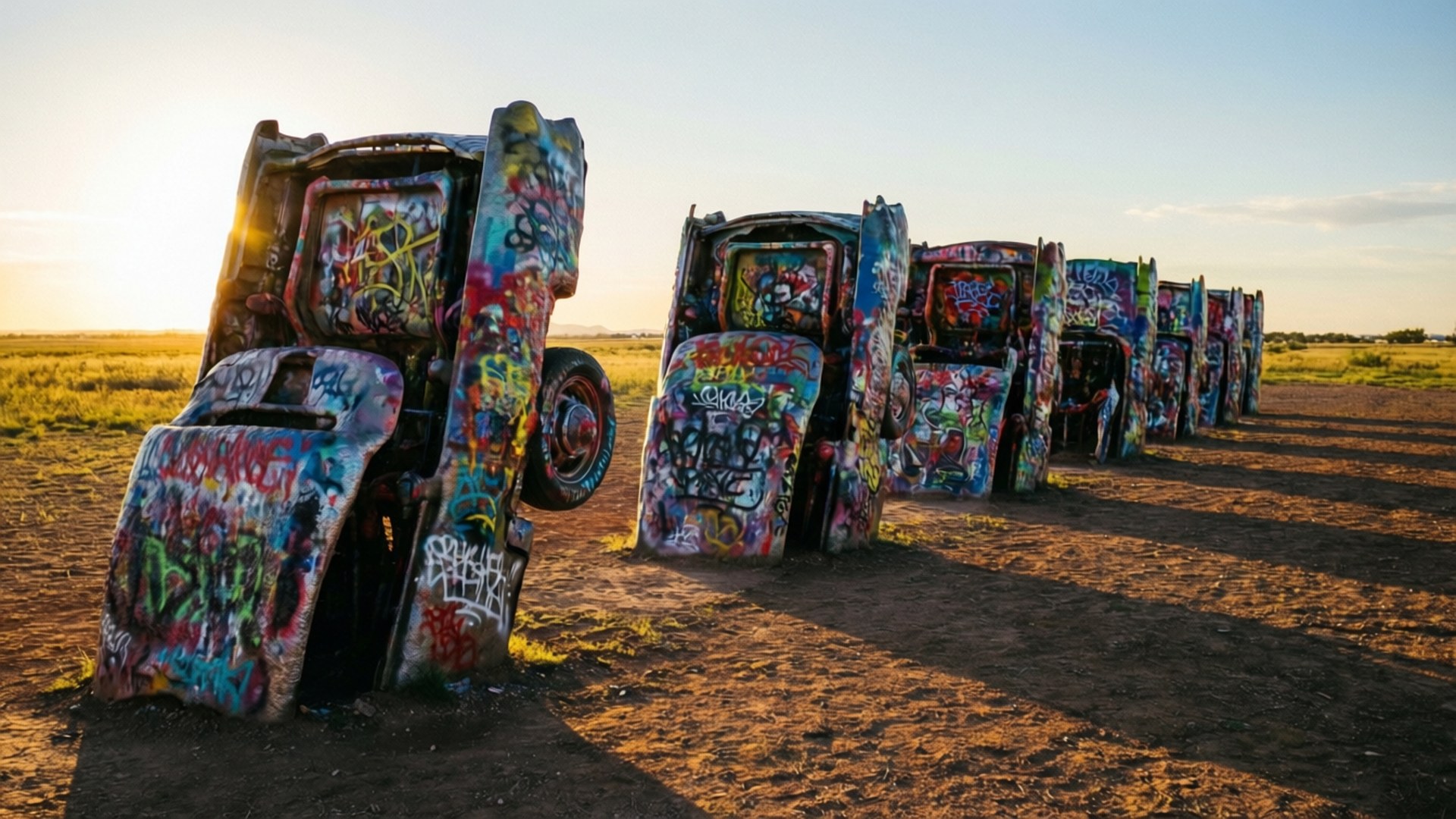 Cadillac Ranch Graffiti Art 壁紙 — 一排色彩繽紛、佈滿塗鴉的汽車直立於沙漠田野中，夕陽下投下長長的影子。