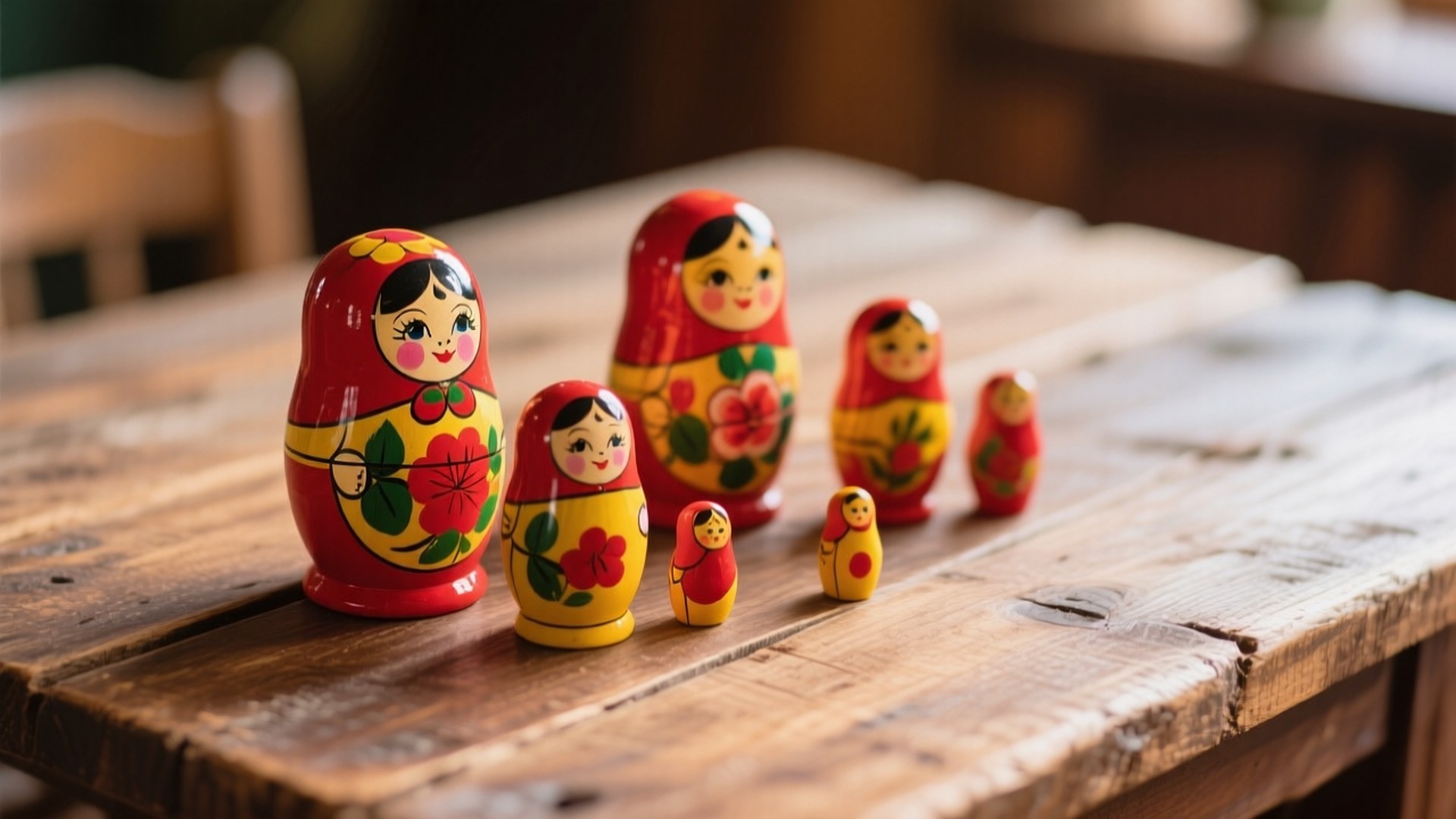 Russian Nesting Dolls 壁紙 — 一排色彩繽紛的傳統俄羅斯套娃，帶有花卉圖案，放在質樸的木桌上。
