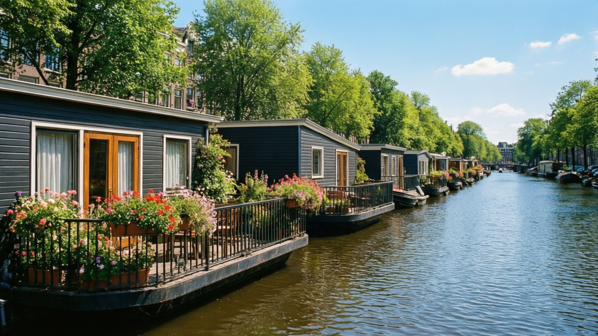 Houseboat Row 壁紙 — 一排深色木製運河房屋，配有鮮豔的花箱，沿著平靜的水道排列，上方是明亮的藍天。