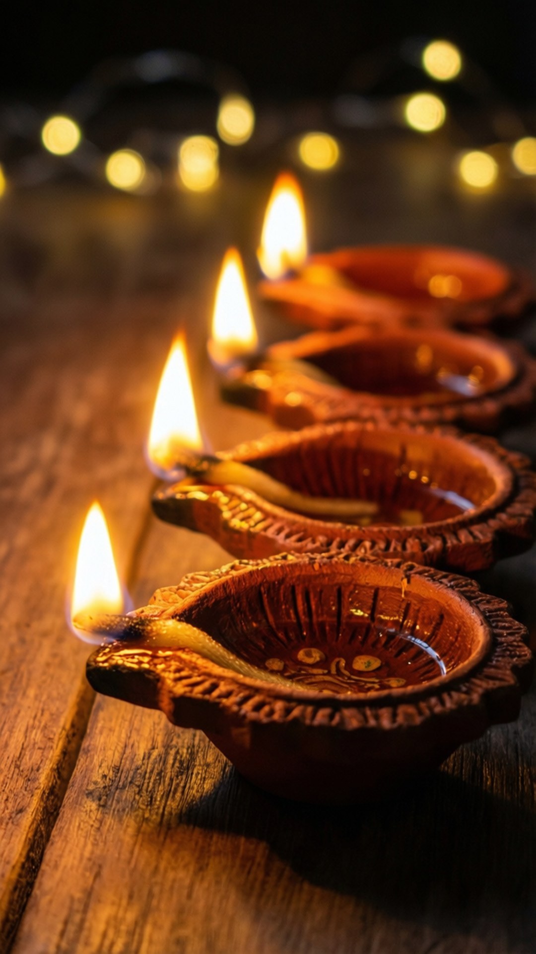 Glowing Diyas Row 壁紙 — 一排點燃的陶土迪亞燈在質樸的木質表面上投射出溫暖的金色光芒，背景是模糊的童話燈光。