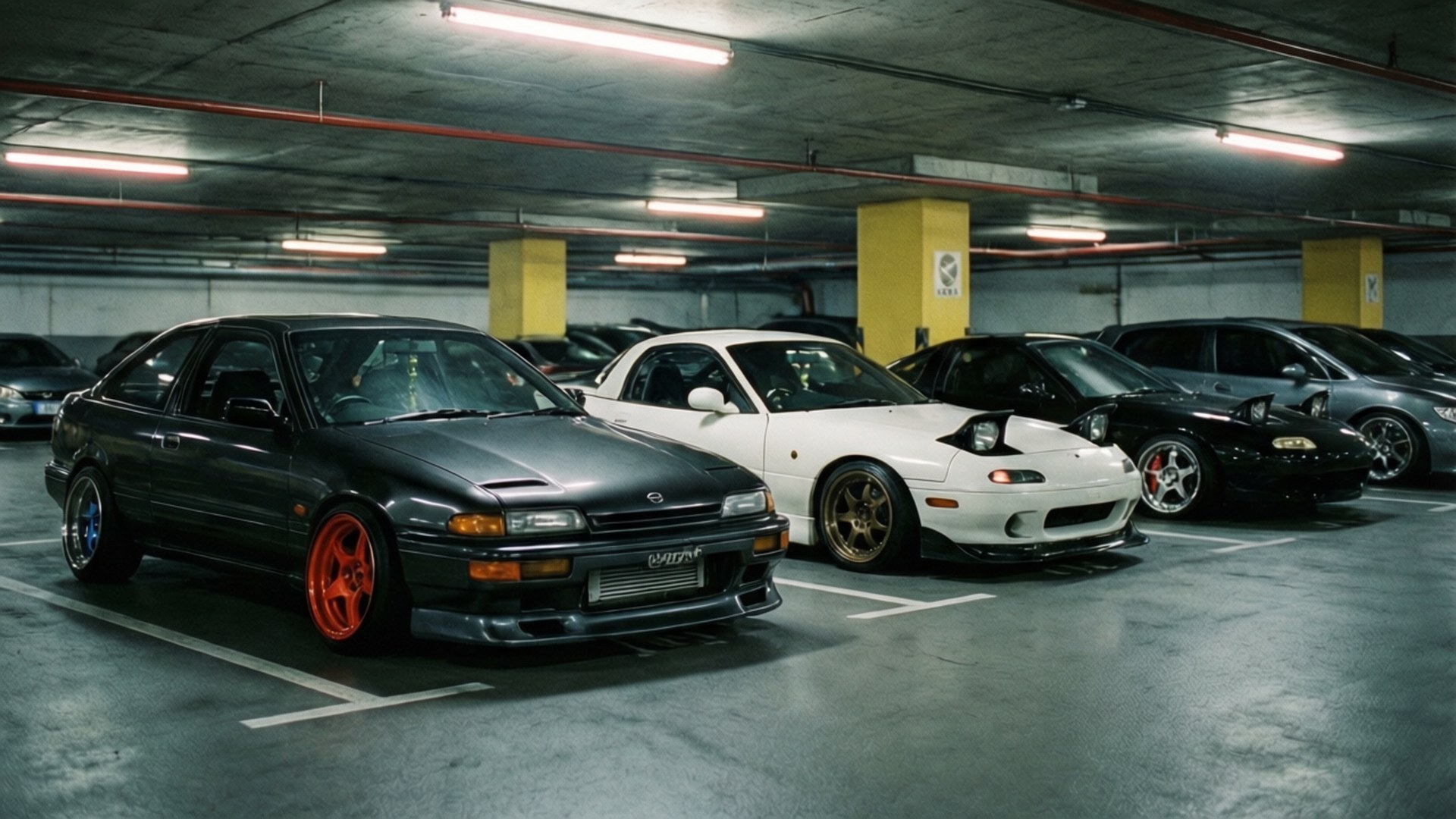 幾輛改裝的日本跑車停放在帶有螢光燈的地下車庫。 — Jdm 壁紙