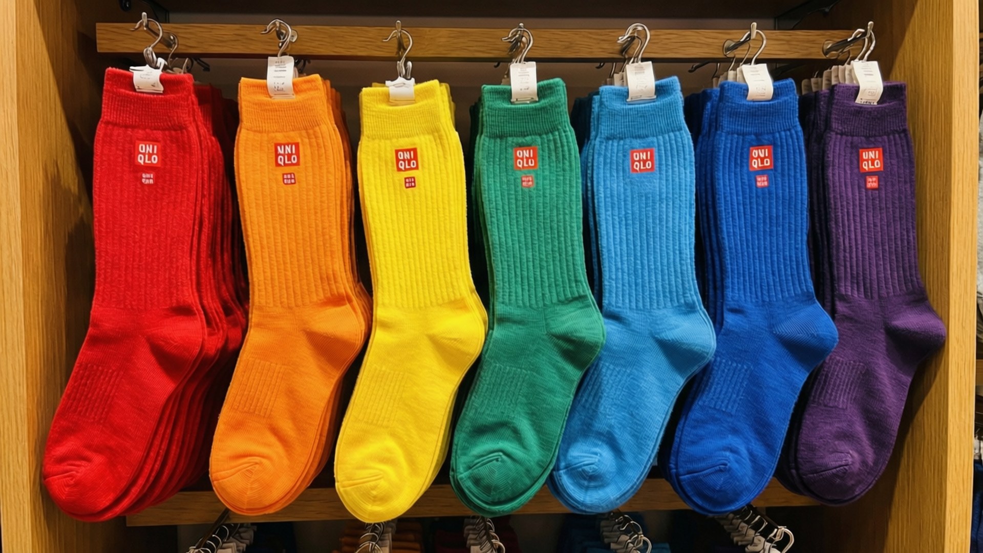 Uniqlo Sock Rainbow 壁紙 — 一排彩虹色的 Uniqlo 船襪整齊地掛在零售店的木製展示掛鉤上。