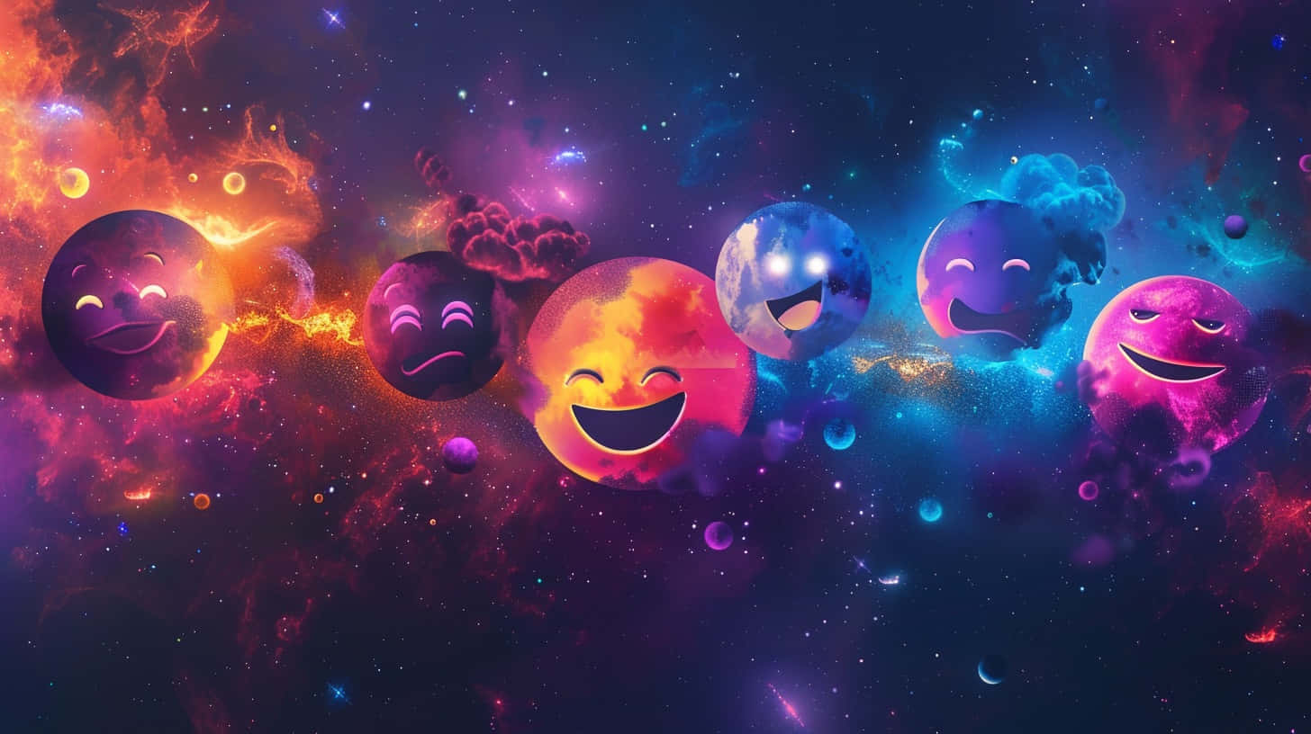  壁紙 — 一排微笑的表情符號行星漂浮在充滿星星和彩色氣體雲的充滿活力的宇宙星雲中。