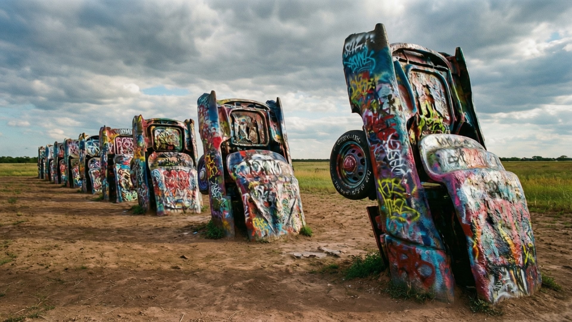 Cadillac Ranch Art 壁紙 — 一排翻轉的復古汽車，上面覆蓋著色彩繽紛的塗鴉，矗立在陰天下的貧瘠田野中。