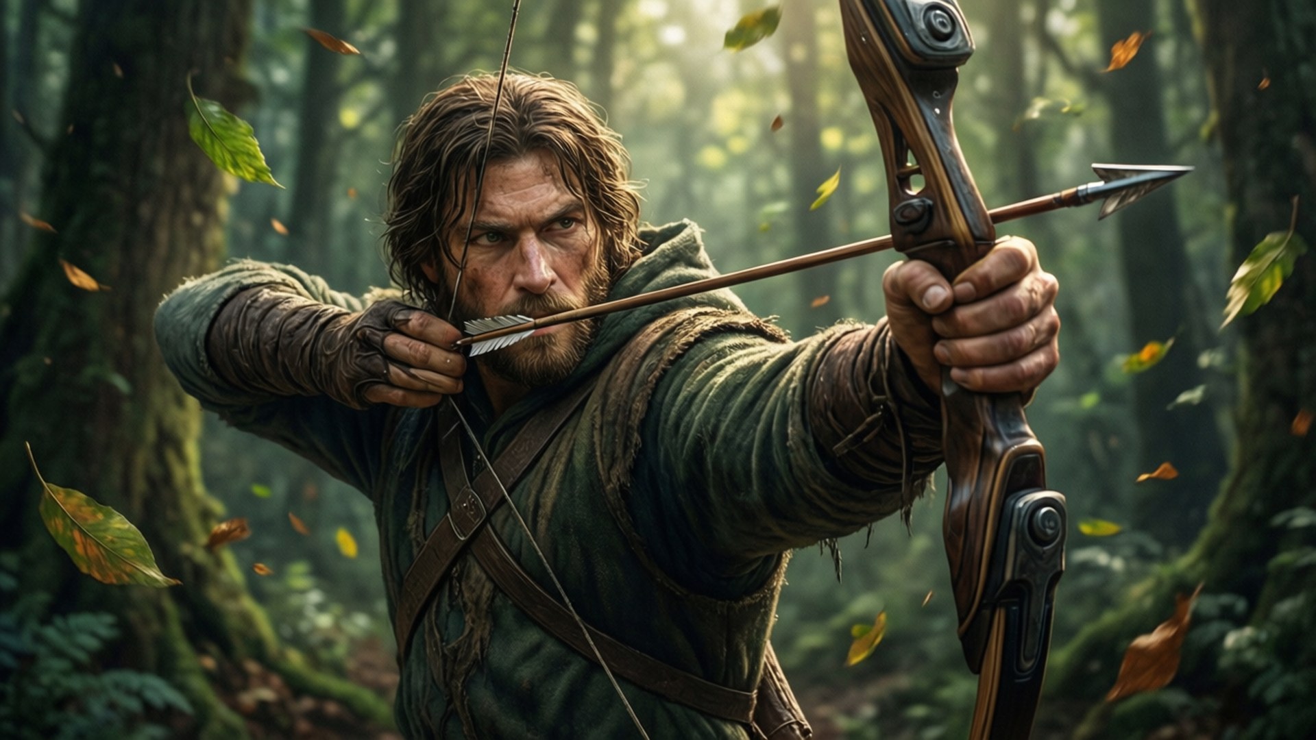 Forest Archer 壁紙 — 一個強壯的弓箭手拿著弓和箭，站在陽光明媚的森林中，秋天的樹葉在他周圍旋轉。