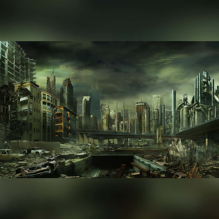 Godzilla City Destruction 桌布 壁紙 — 一個廢墟城市景觀，有搖搖欲墜的摩天大樓和被遺棄的汽車，在陰沉的綠色天空下。