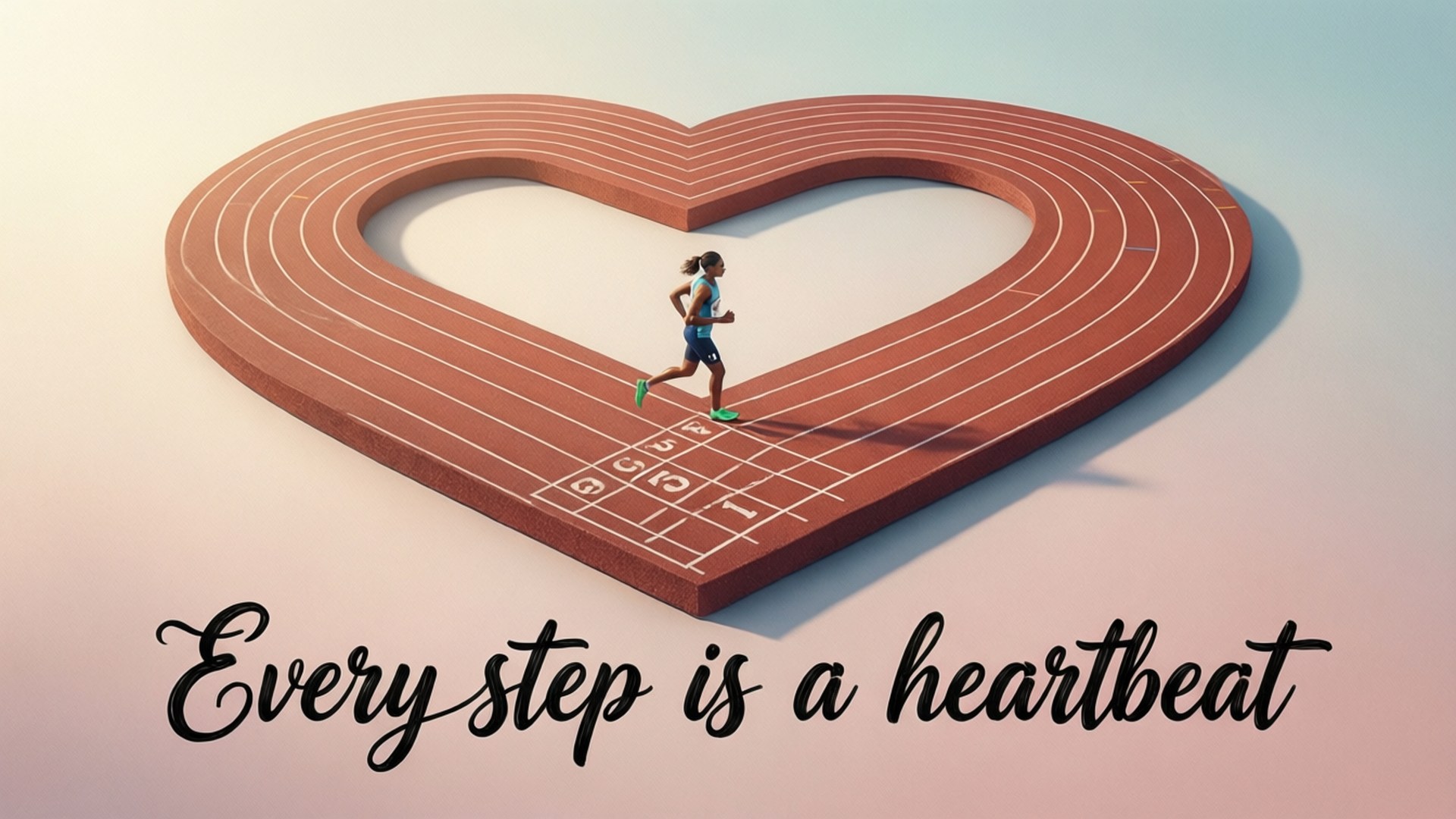 Heart Track Motivation 壁紙 — 一名跑者在心形跑道上衝刺，下方有文字每一步都是心跳。