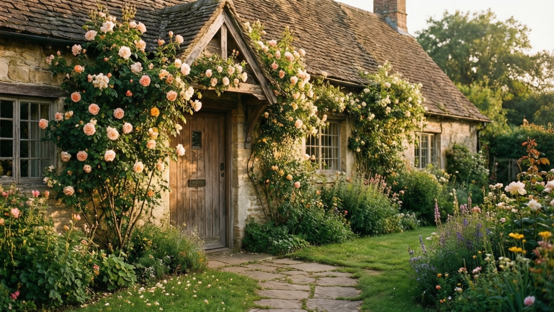 Rose-Covered Cottage 壁紙 — 一間質樸的石頭小屋，木門被攀爬的粉紅玫瑰和茂密的綠植在金色陽光下擁抱。
