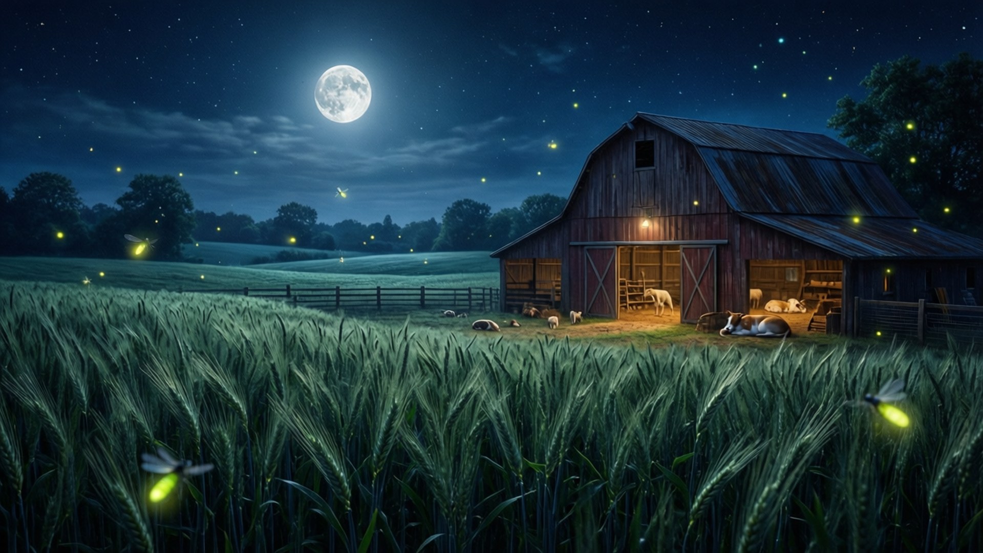 Hay Day 桌布 壁紙 — 一座質樸的木製穀倉在滿月下溫暖地發光，螢火蟲在夜晚的麥田上空飛舞。