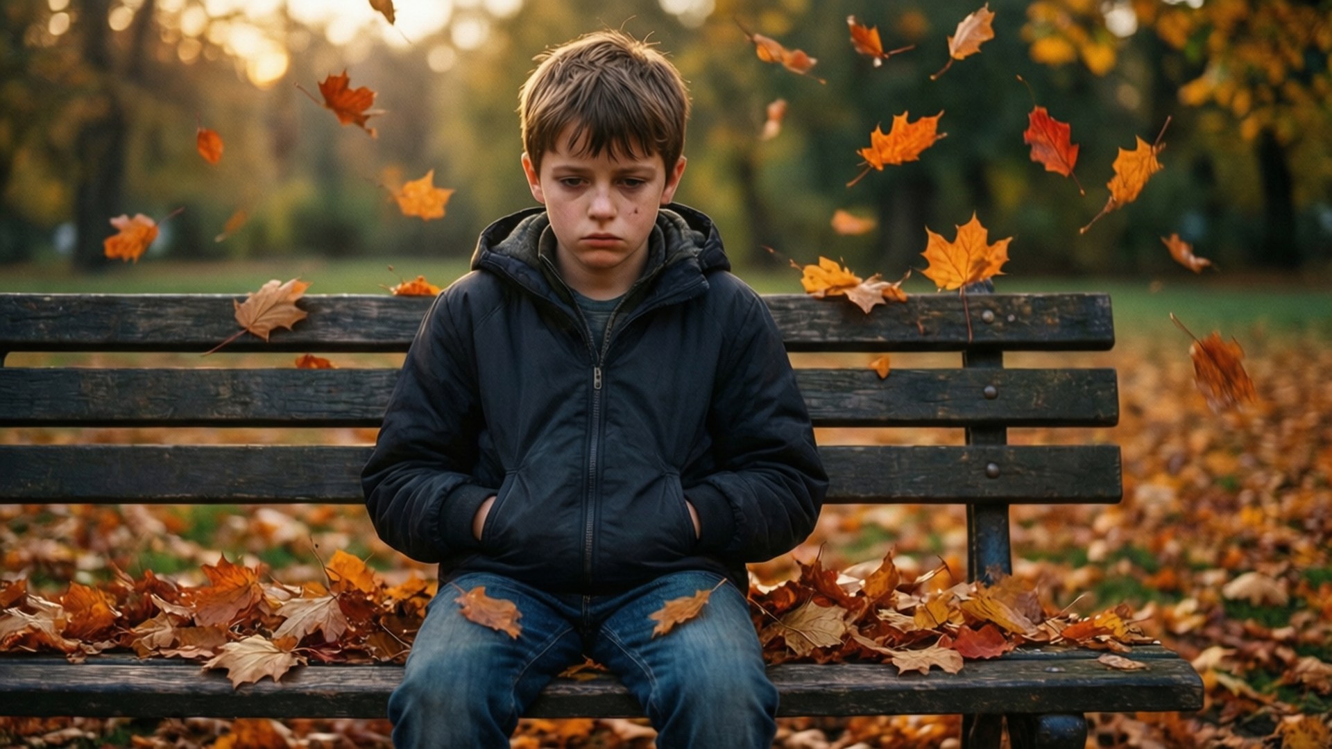 Autumn Bench 壁紙 — 一個悲傷的小男孩獨自坐在公園的木長椅上，周圍是飄落的秋葉。