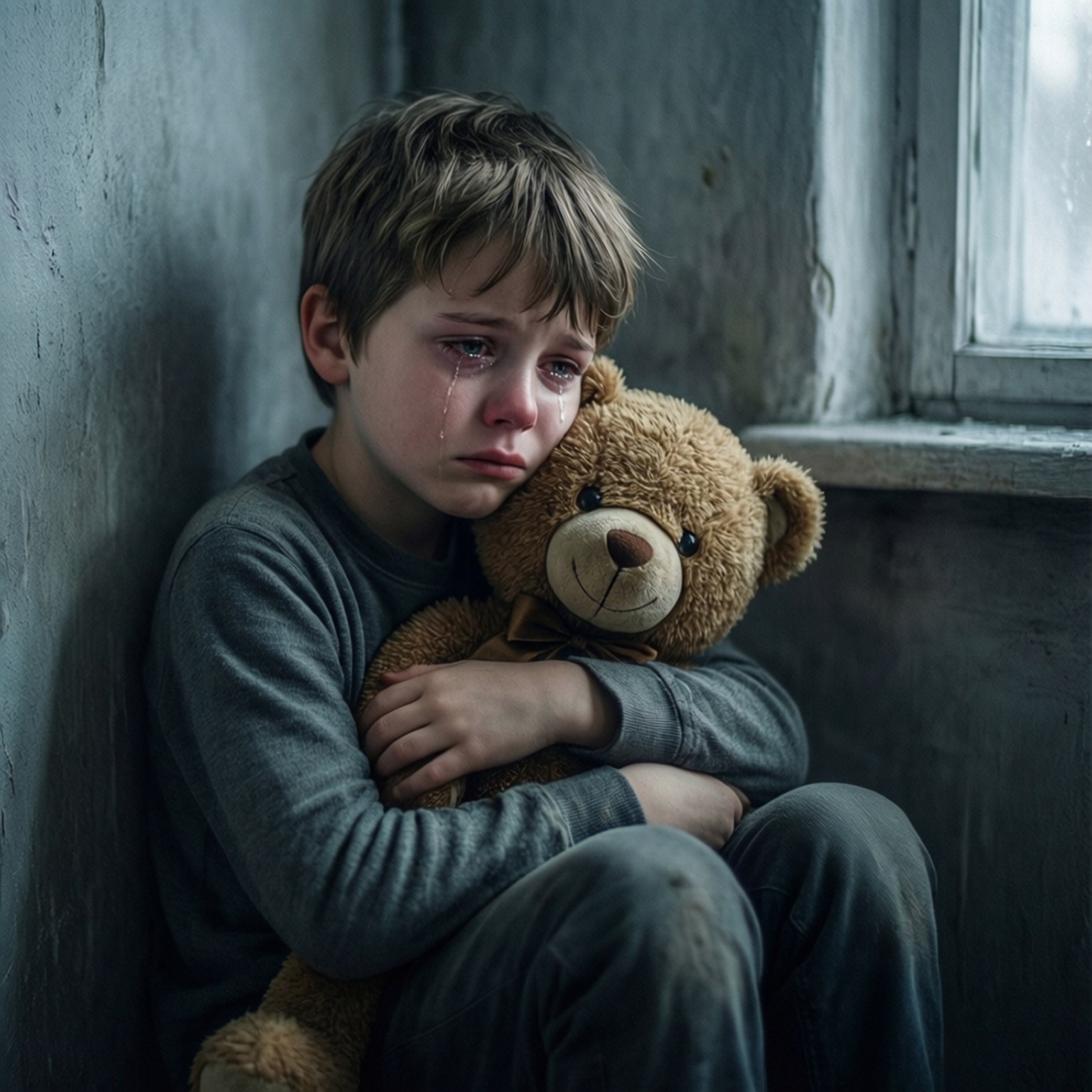 Teddy's Comfort 壁紙 — 一個悲傷的小男孩臉上掛著淚水，抱著一隻破舊的泰迪熊，獨自坐在窗邊昏暗的房間裡。