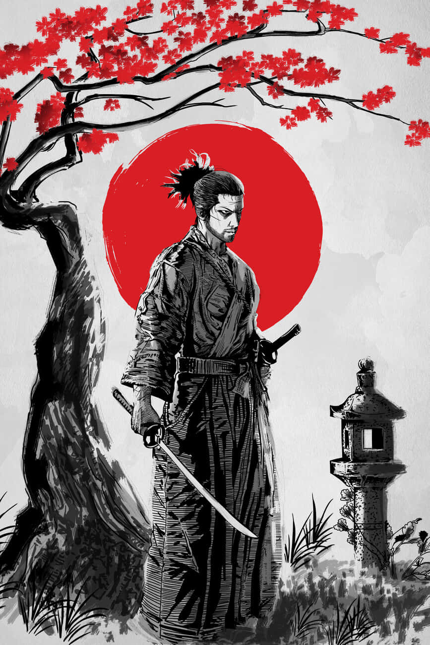  壁紙 — 一位武士站在鮮豔的紅楓樹下，背景是鮮明的紅太陽，附近有一座石燈籠。