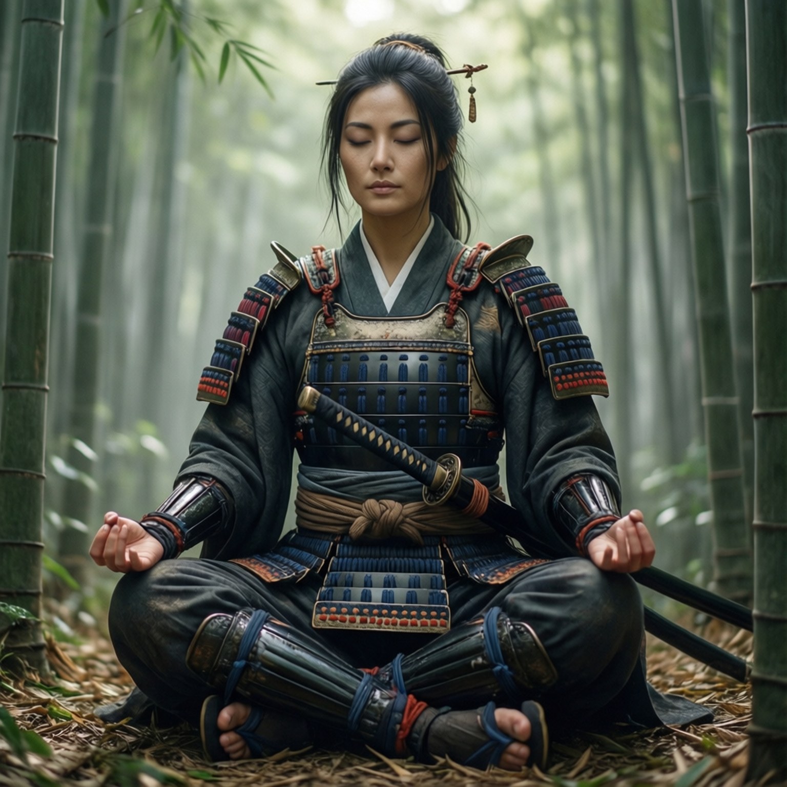 Huntrix 桌布 壁紙 — 一位身穿全套盔甲的寧靜女武士在霧氣瀰漫的竹林中平靜地冥想。