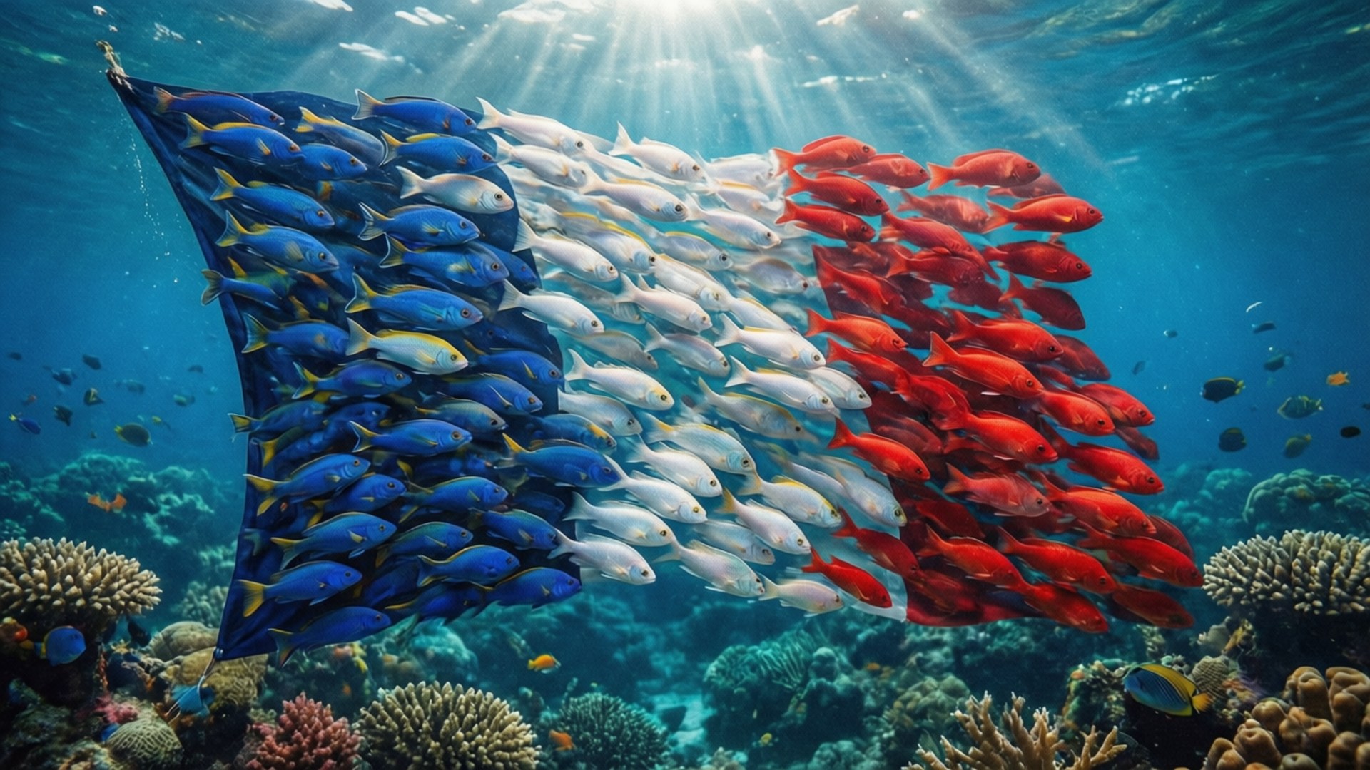 Underwater Fish Flag 壁紙 — 一群魚在水下形成法國國旗，陽光光束和珊瑚礁在下方。