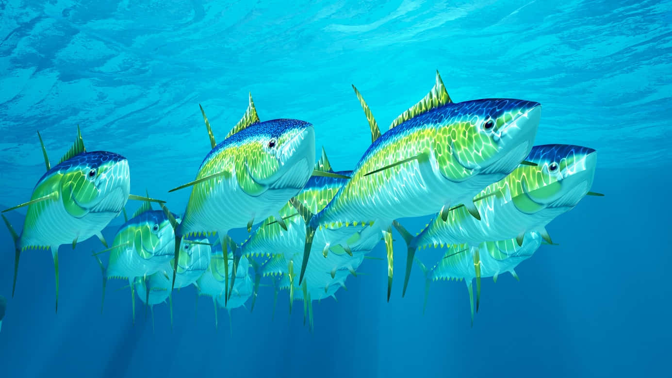  壁紙 — 一群充滿活力的黃鰭鮪魚在陽光照耀的水面下，優雅地游過清澈的碧綠海洋。
