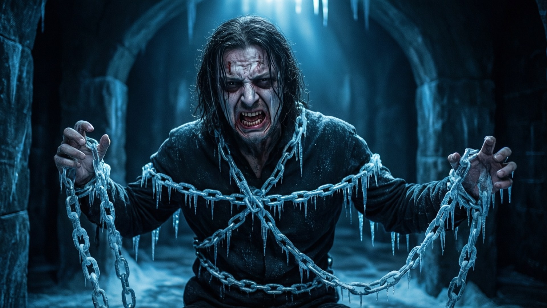 Chained in Ice 壁紙 — 一個尖叫的身影，身上纏繞著冰冷的鎖鏈，站在一個冰凍的石頭地牢中，天花板上掛著冰柱。