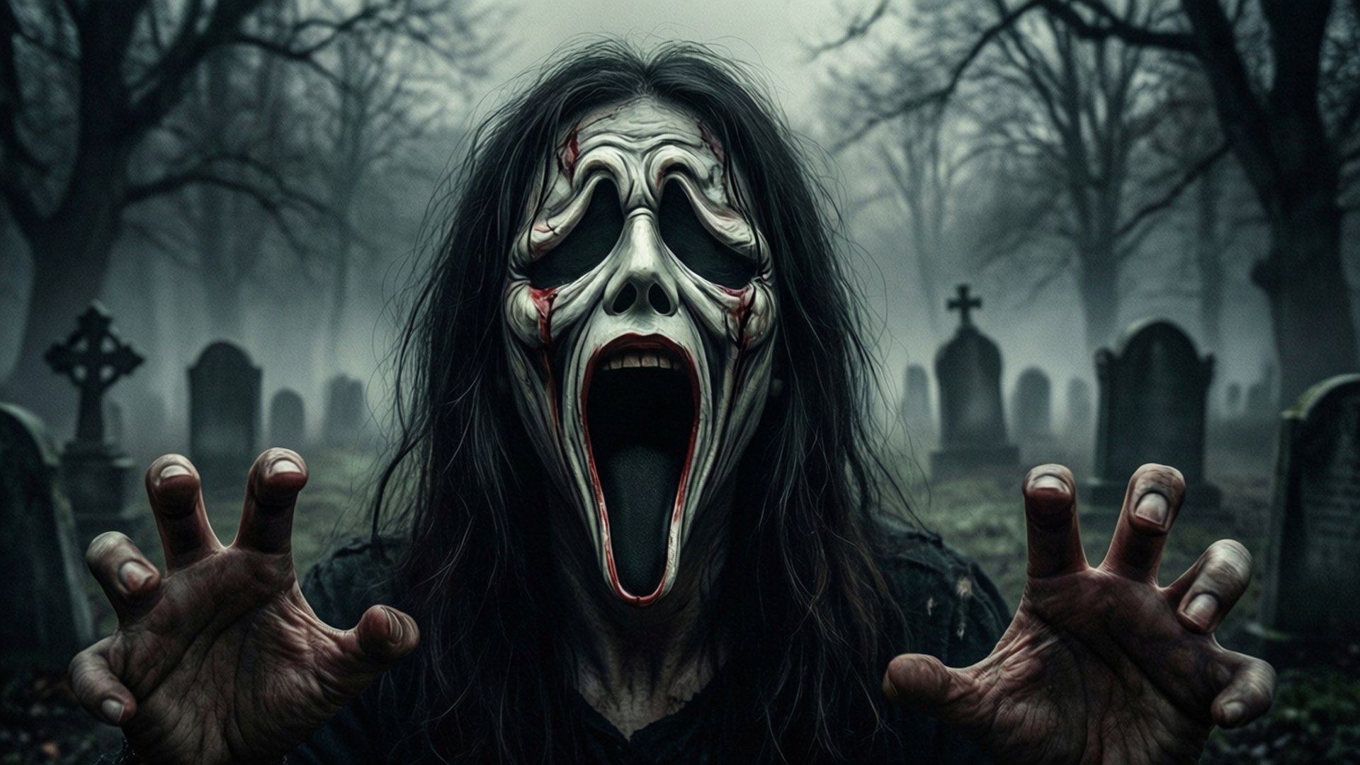 Screaming Face Horror 壁紙 — 一個尖叫的鬼魂形象，滿臉鮮血，雙手伸出，從霧氣瀰漫的墓地中出現。