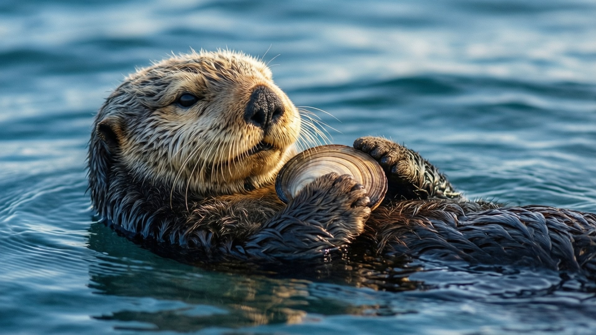 Otter 桌布 壁紙 — 一隻海獺平靜地仰躺在平靜的藍色水面上，用爪子抱著一個蛤蜊。