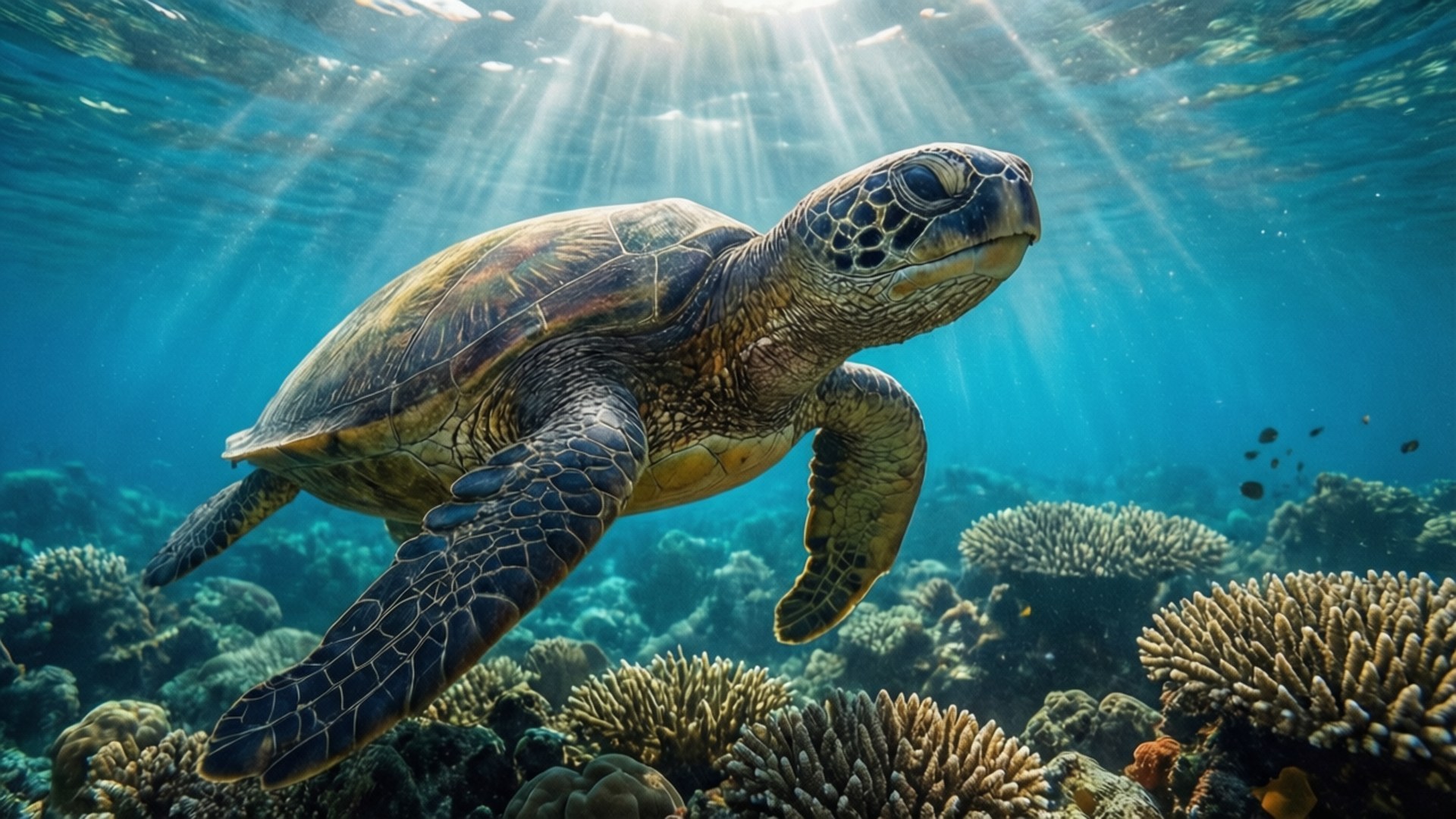 Sea Turtle in Reef 壁紙 — 一隻海龜在陽光照射的碧綠海水中優雅地滑行，在色彩繽紛的珊瑚礁上方游過。