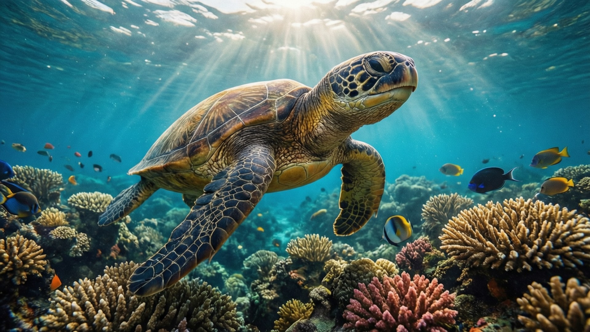 Sea Turtle over Coral 壁紙 — 一隻海龜在陽光照射的碧綠海水中優雅地滑行，下方是充滿色彩繽紛魚類的 vibrant 珊瑚礁。