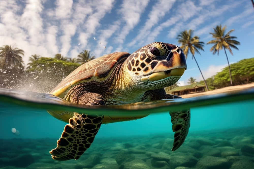  壁紙 — 一隻海龜在清澈的碧綠海水中浮出水面，背景有棕櫚樹和藍天。