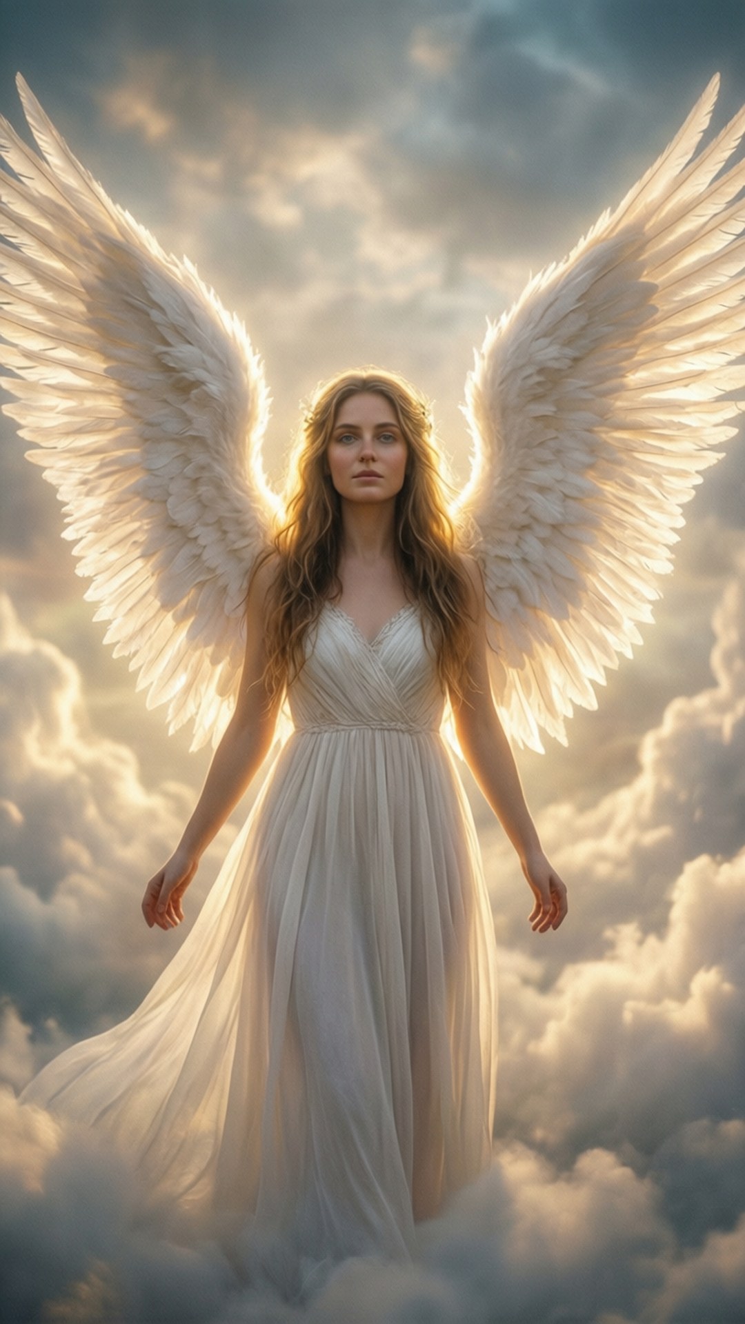 Angelic Fantasy 壁紙 — 一位寧靜的天使展開寬闊的白色翅膀，優雅地站在沐浴在金色陽光下的蓬鬆雲朵上。