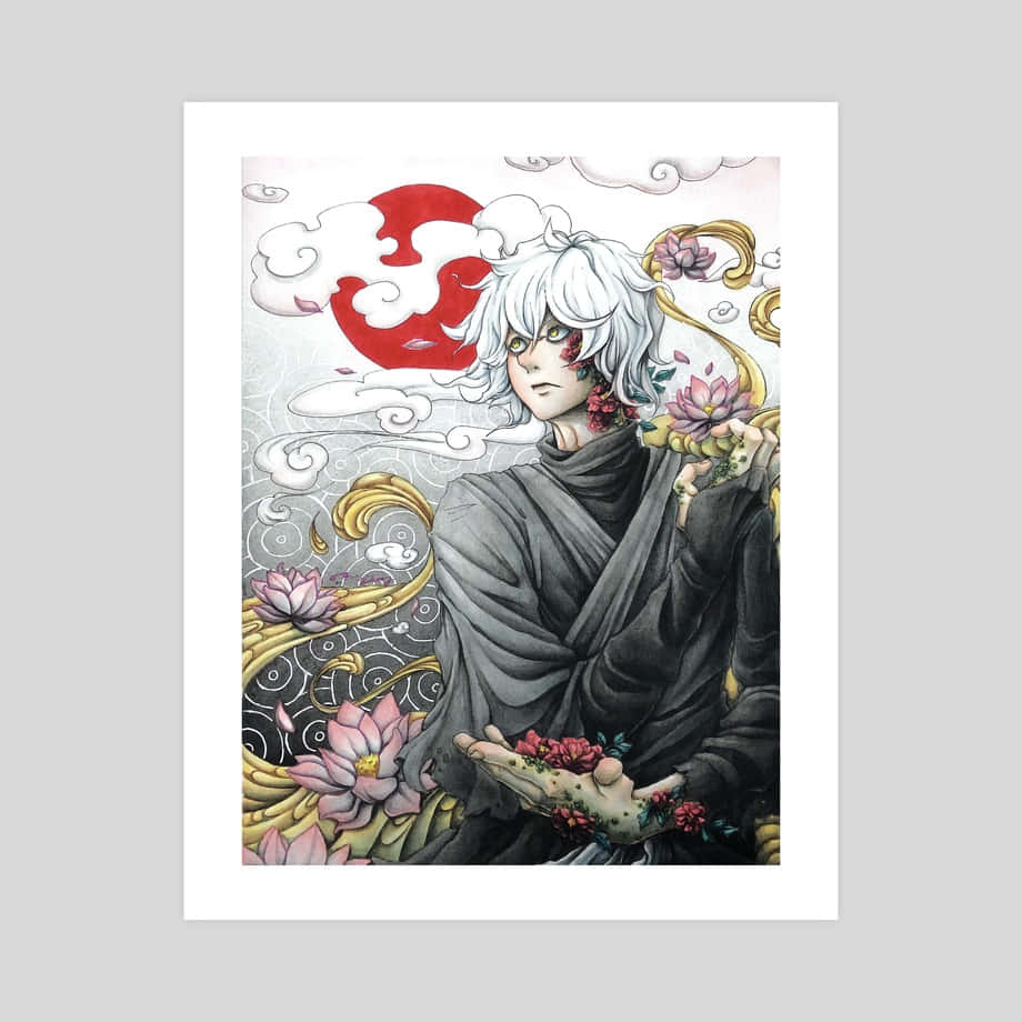  壁紙 — 一個平靜的動漫角色，白髮和花卉刺青，在紅日和旋轉的雲朵前手持粉紅蓮花。
