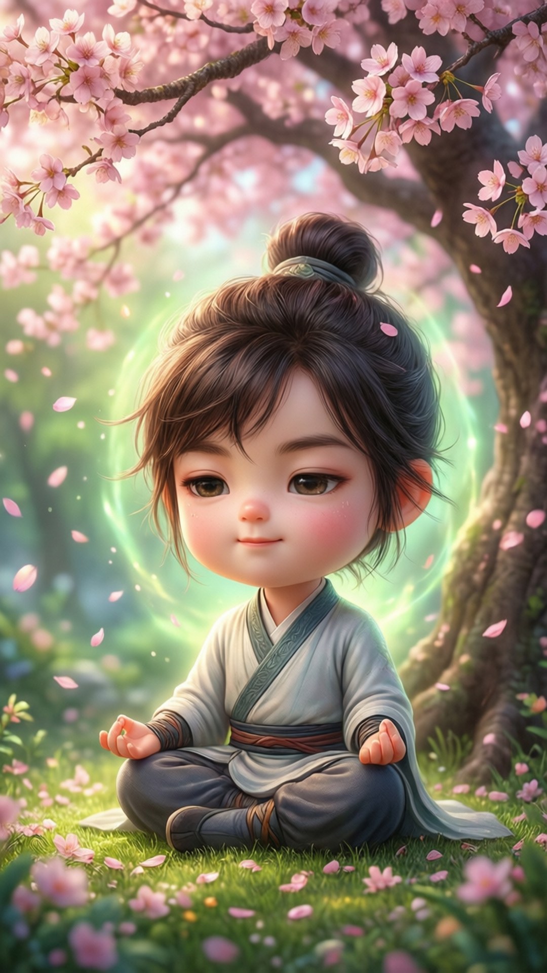 桌布 壁紙 — 一個寧靜的動畫小孩在盛開的櫻花樹下冥想，柔和的粉紅色花瓣飄浮在周圍。