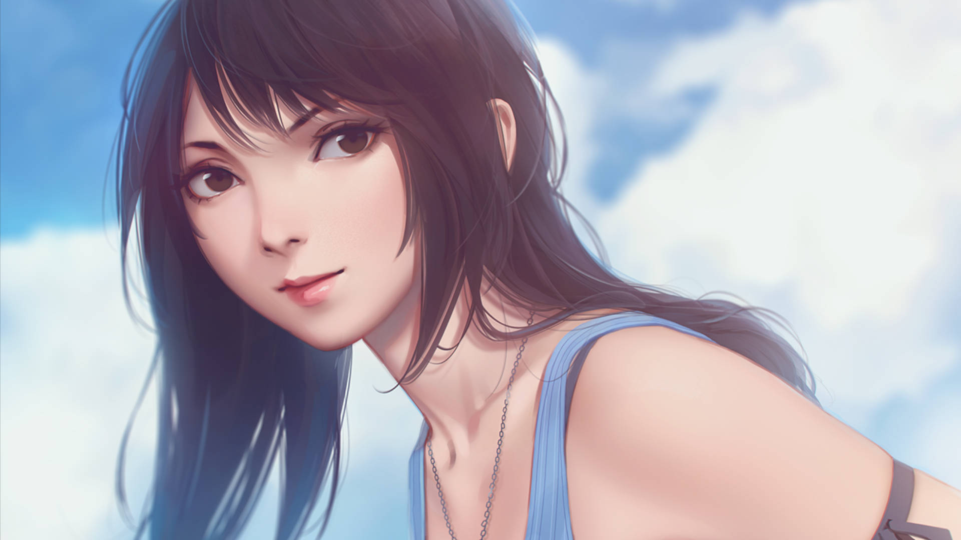 動漫女孩，黑髮和藍色上衣，在陰天天空下。 — 最終幻想8 壁紙