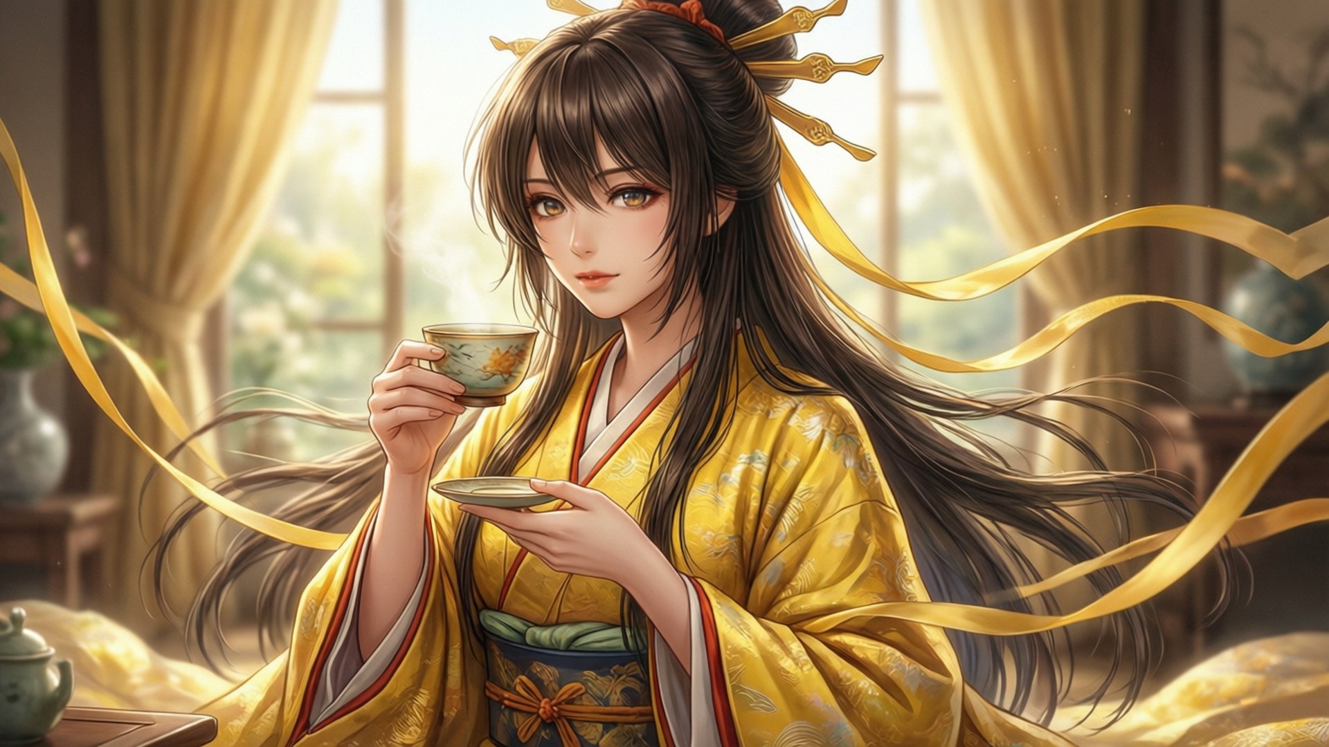 Mami's Tea Time 壁紙 — 一位寧靜的動漫風格女子，身穿金色和服，在陽光灑落的窗邊啜飲茶，周圍有飄動的黃色絲帶。