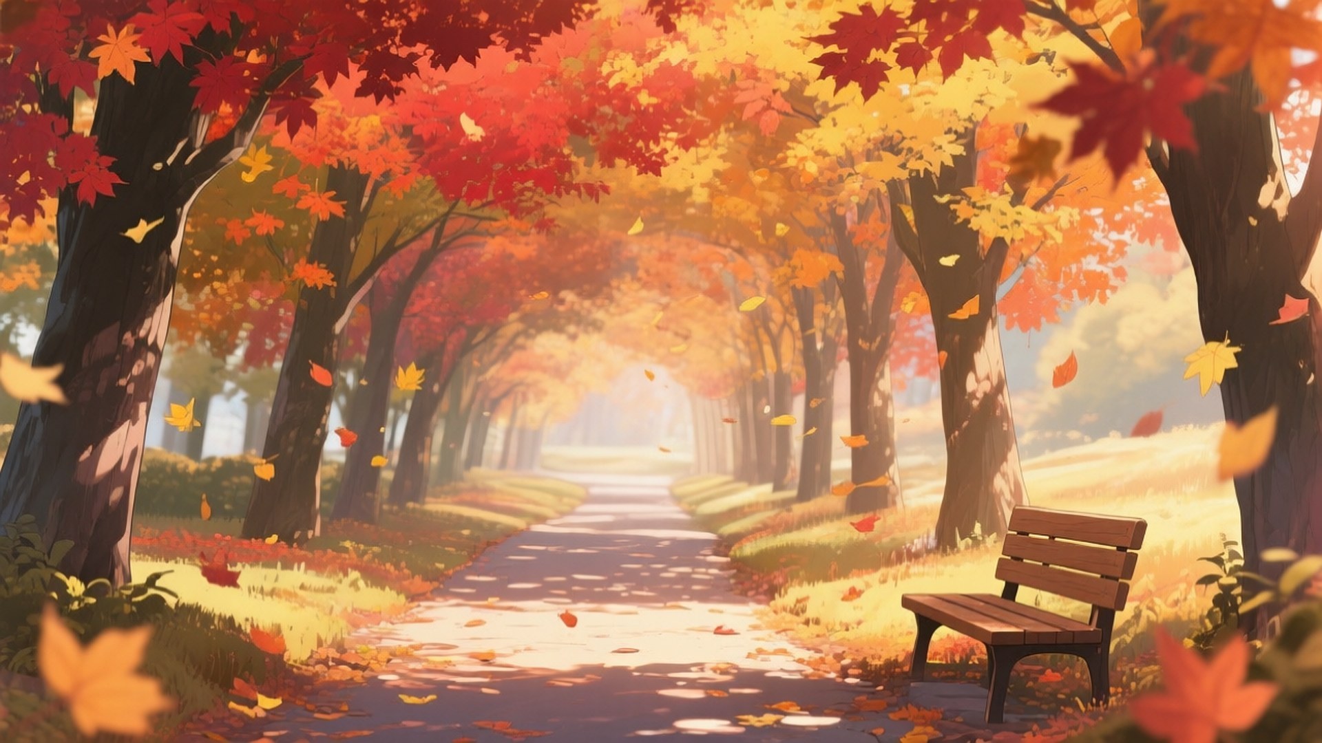Autumn Maple Tunnel 壁紙 — 一條寧靜的秋天小徑，兩旁種滿鮮紅和橙色的楓樹，落葉下有一張木長椅。