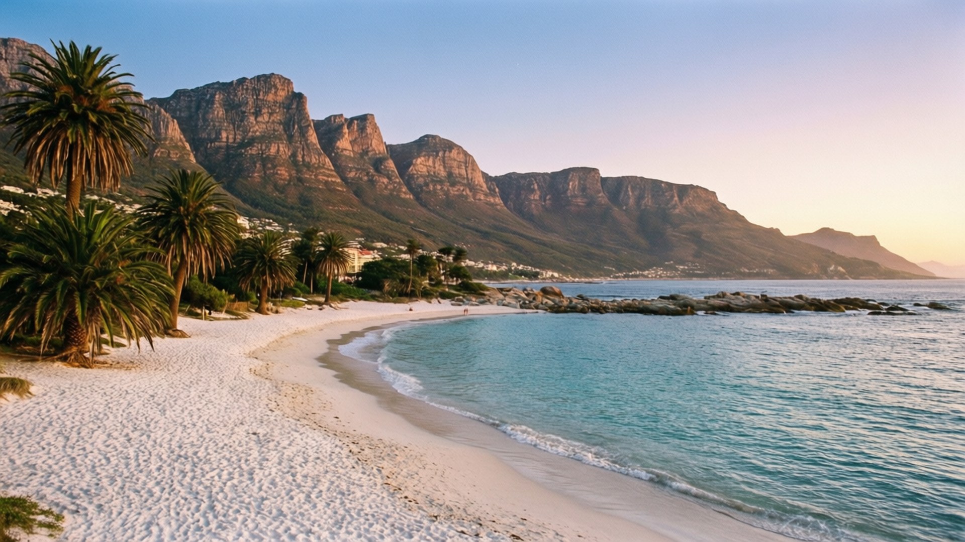 Camps Bay Sunset 壁紙 — 寧靜的海灘，白色沙灘、棕櫚樹和碧綠海水在日落時與戲劇性的山崖相遇。