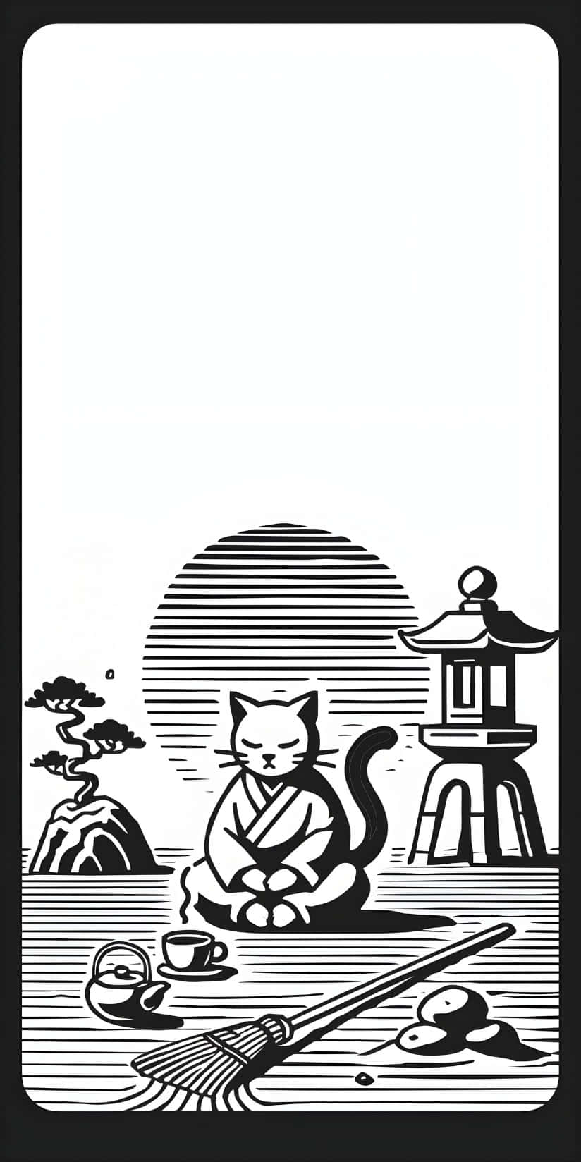  壁紙 — 一幅寧靜的黑白線條藝術插圖，描繪一隻穿著和服的貓在池塘邊冥想，旁邊有燈籠、盆景和茶具。
