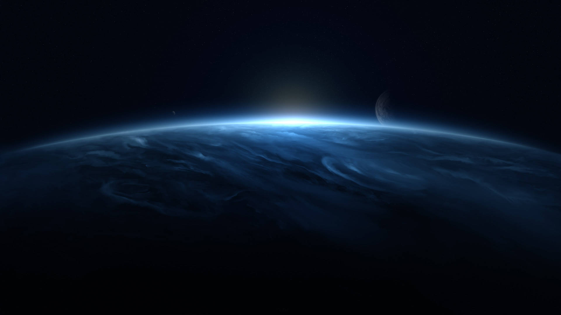 在星空中帶有發光地平線和遙遠月亮的藍色行星。 — 太空 壁紙