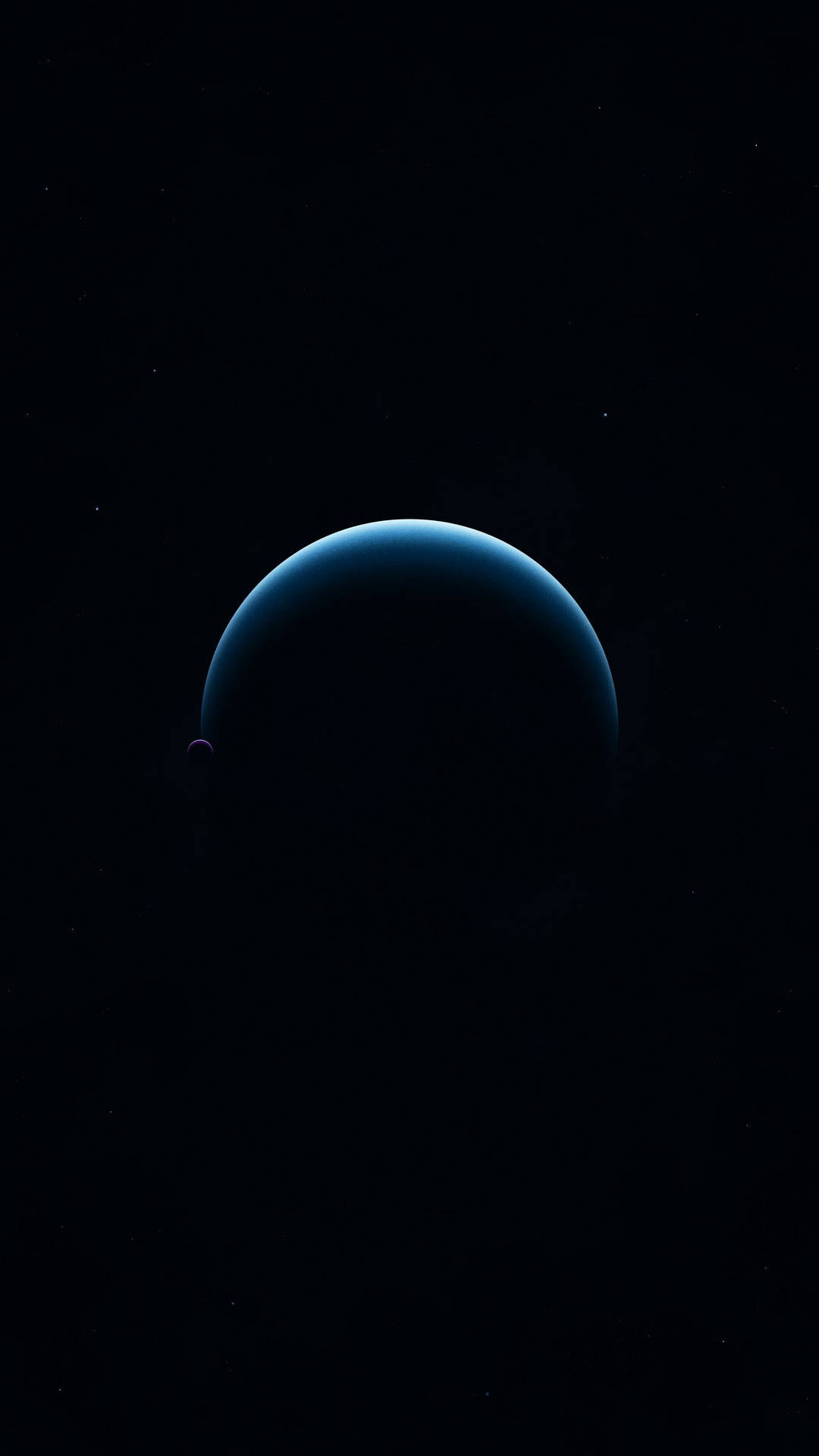一顆發光的藍色行星，帶有一顆小衛星，在繁星點點的夜空中。 — Amoled 壁紙