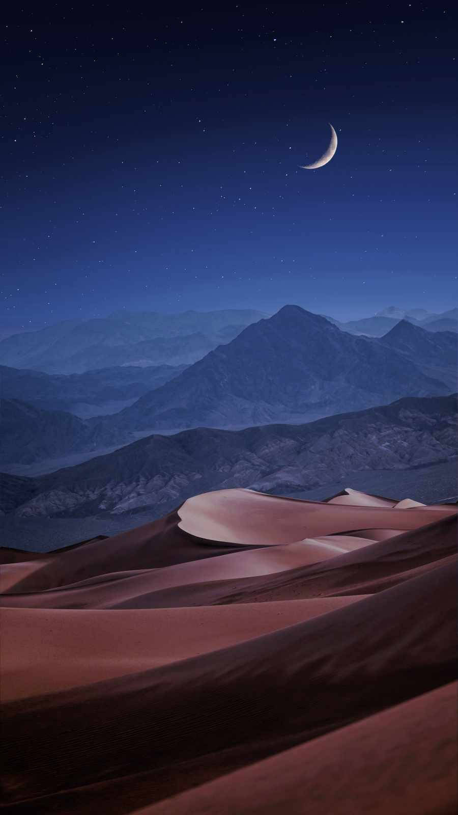 新月和星空下沙丘與遠山。 — iPhone 11 壁紙