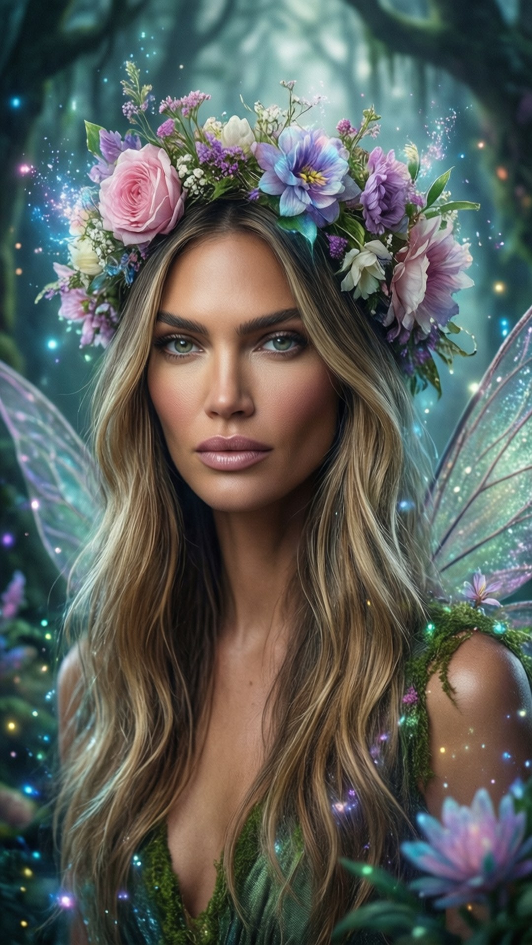 Flower Crown Fairy 壁紙 — 一位寧靜的長金髮仙女戴著鮮豔的花冠和半透明的翅膀，置身於發光的森林魔法中。